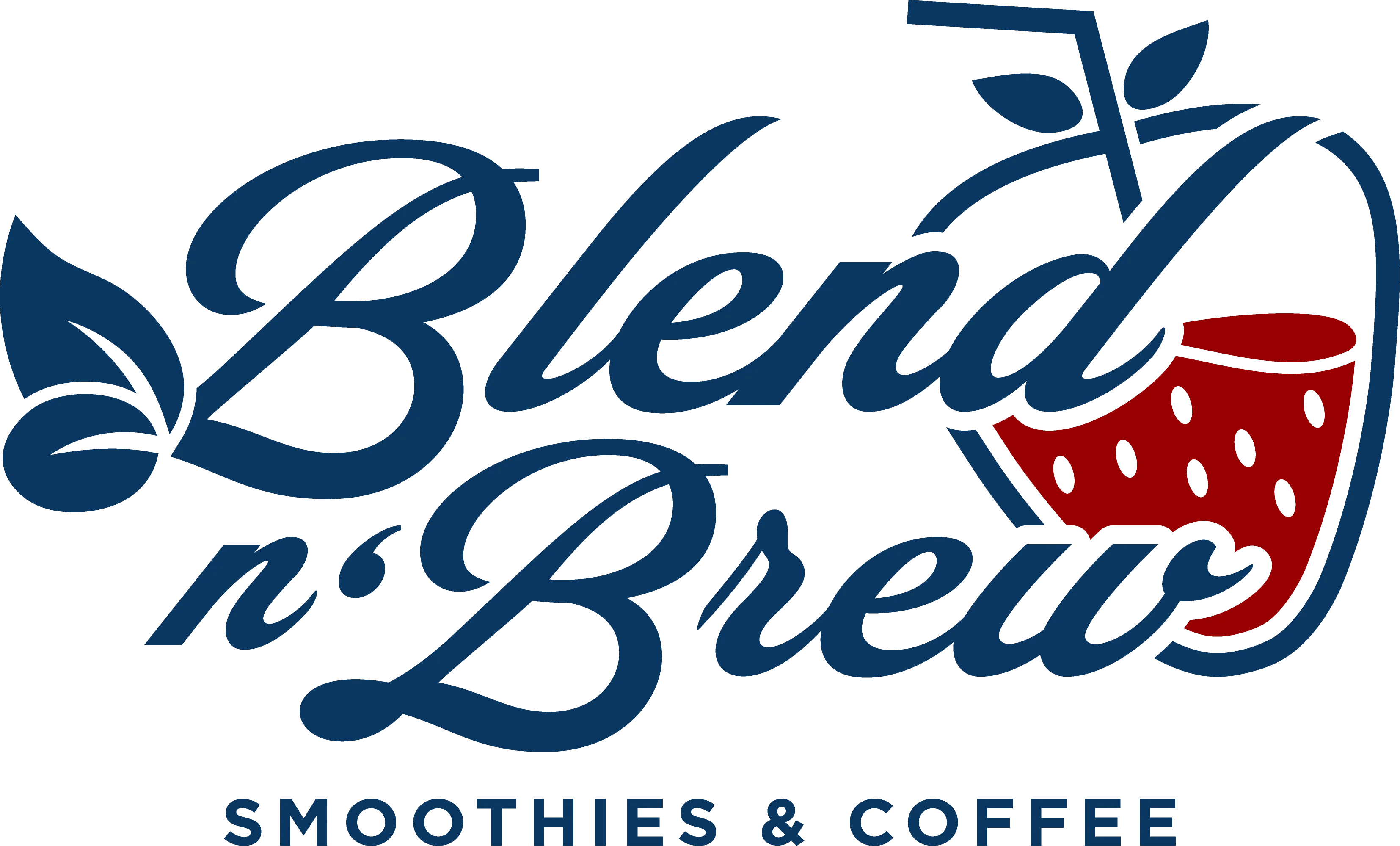 A logo design featuring the text 'Blend n' Brew' with a strawberry and leaf motif, highlighting smoothies and coffee.