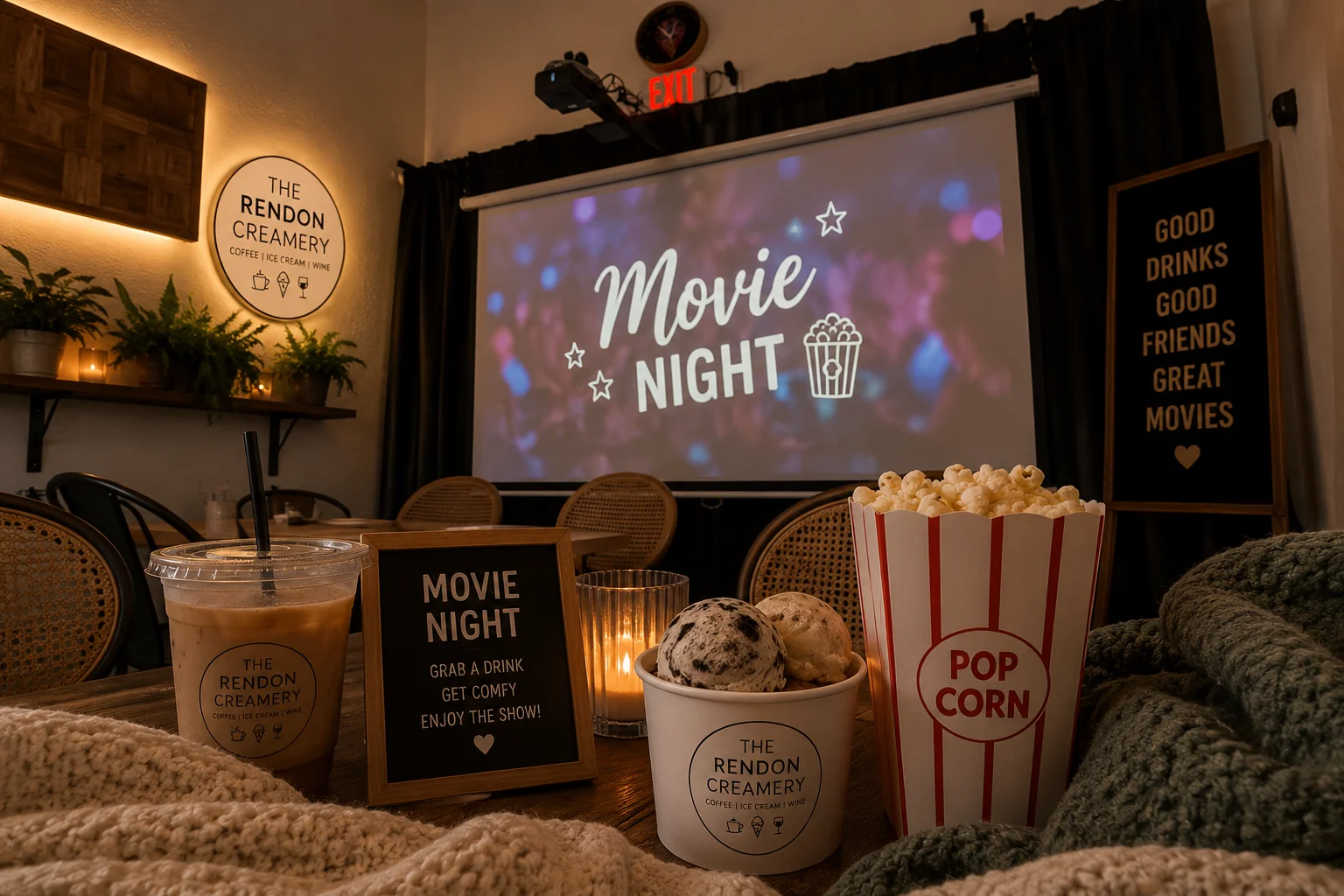 Cozy movie night setup with ice cream and popcorn