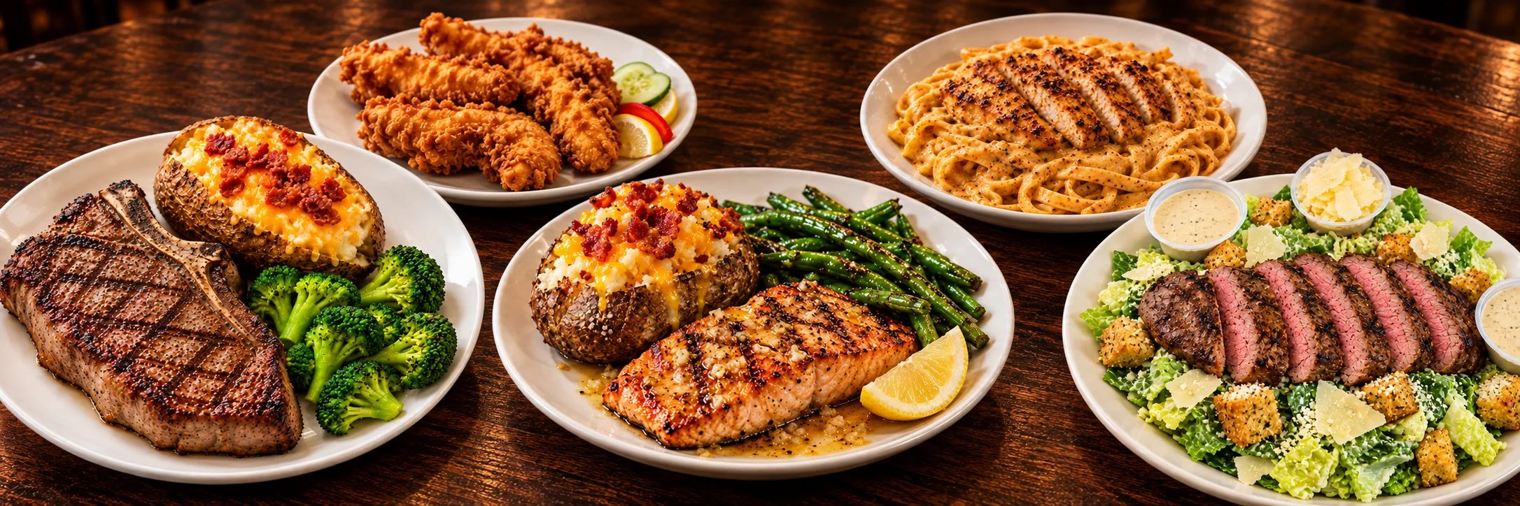 Restaurant spread of steaks, grilled salmon, fried chicken, pasta, and Caesar salad