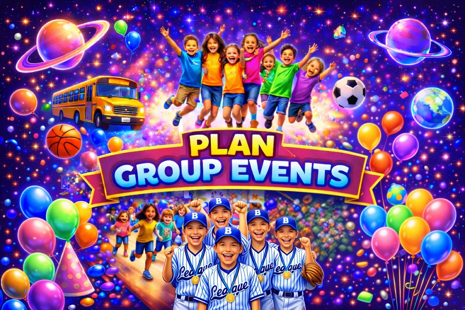 Colorful event planning graphic for kids' activities