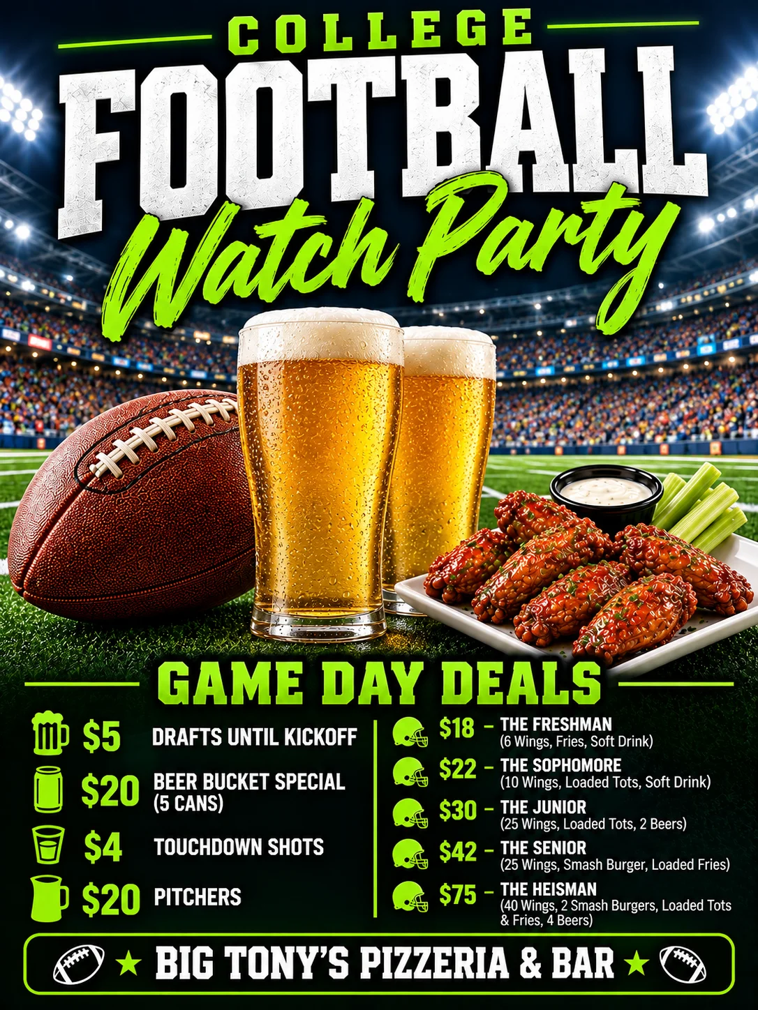College football watch party promotional poster with drinks and food specials