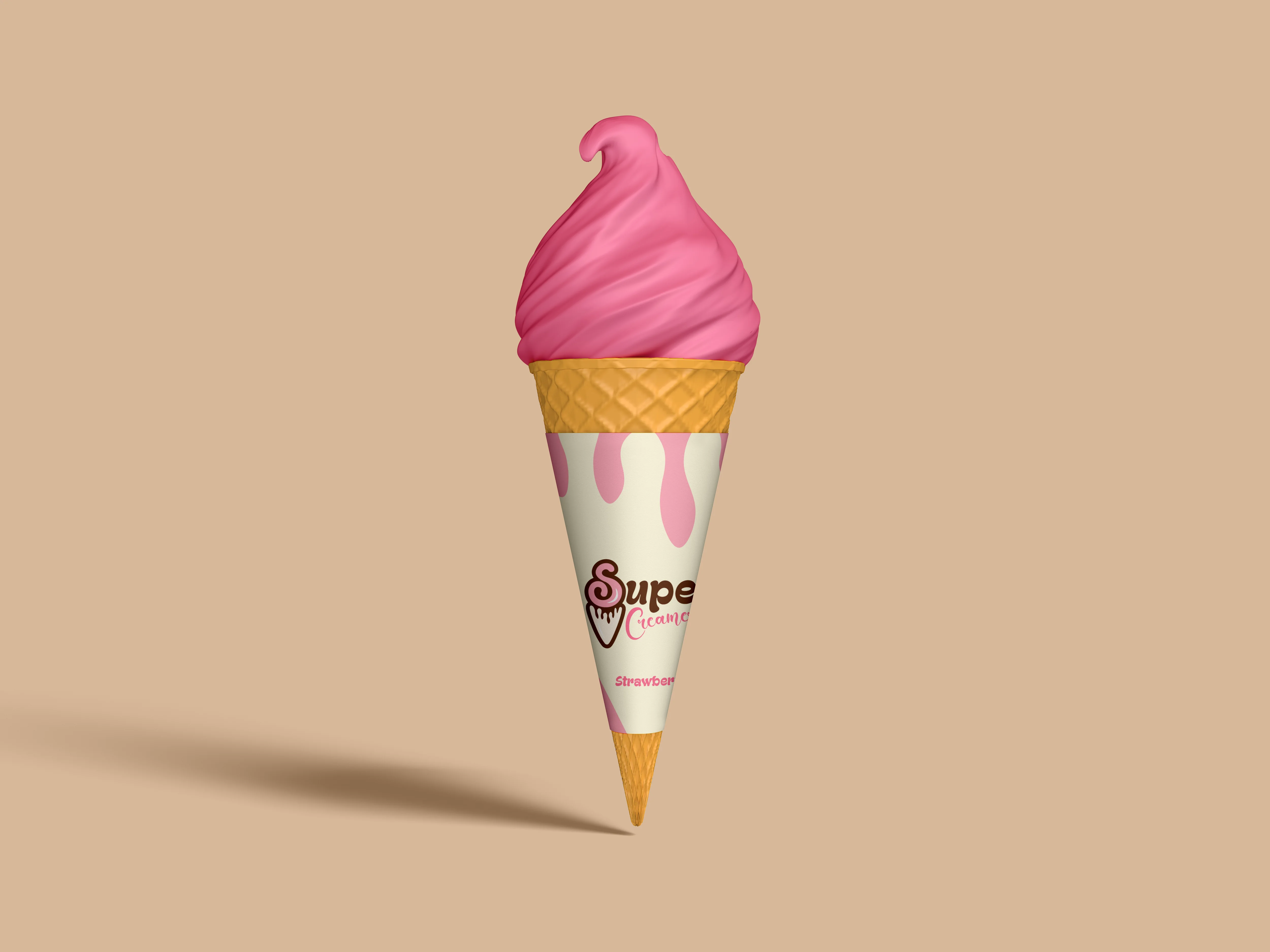 Delicious strawberry soft serve ice cream in a cone
