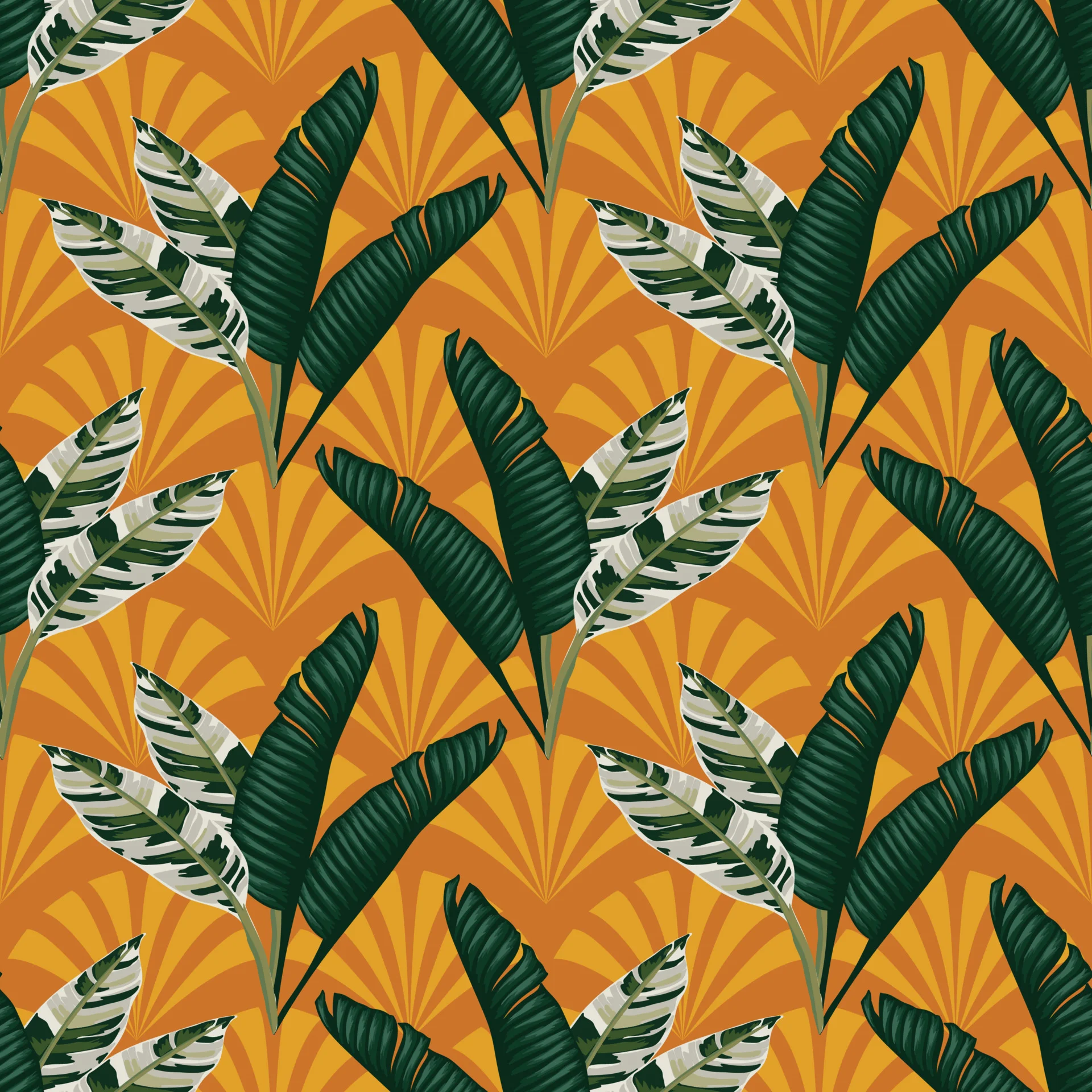 Tropical leaf pattern with art deco fan motifs in orange and green