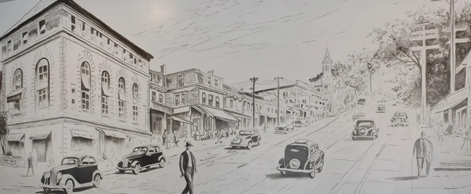 Vintage illustrated city street with historic buildings and classic cars