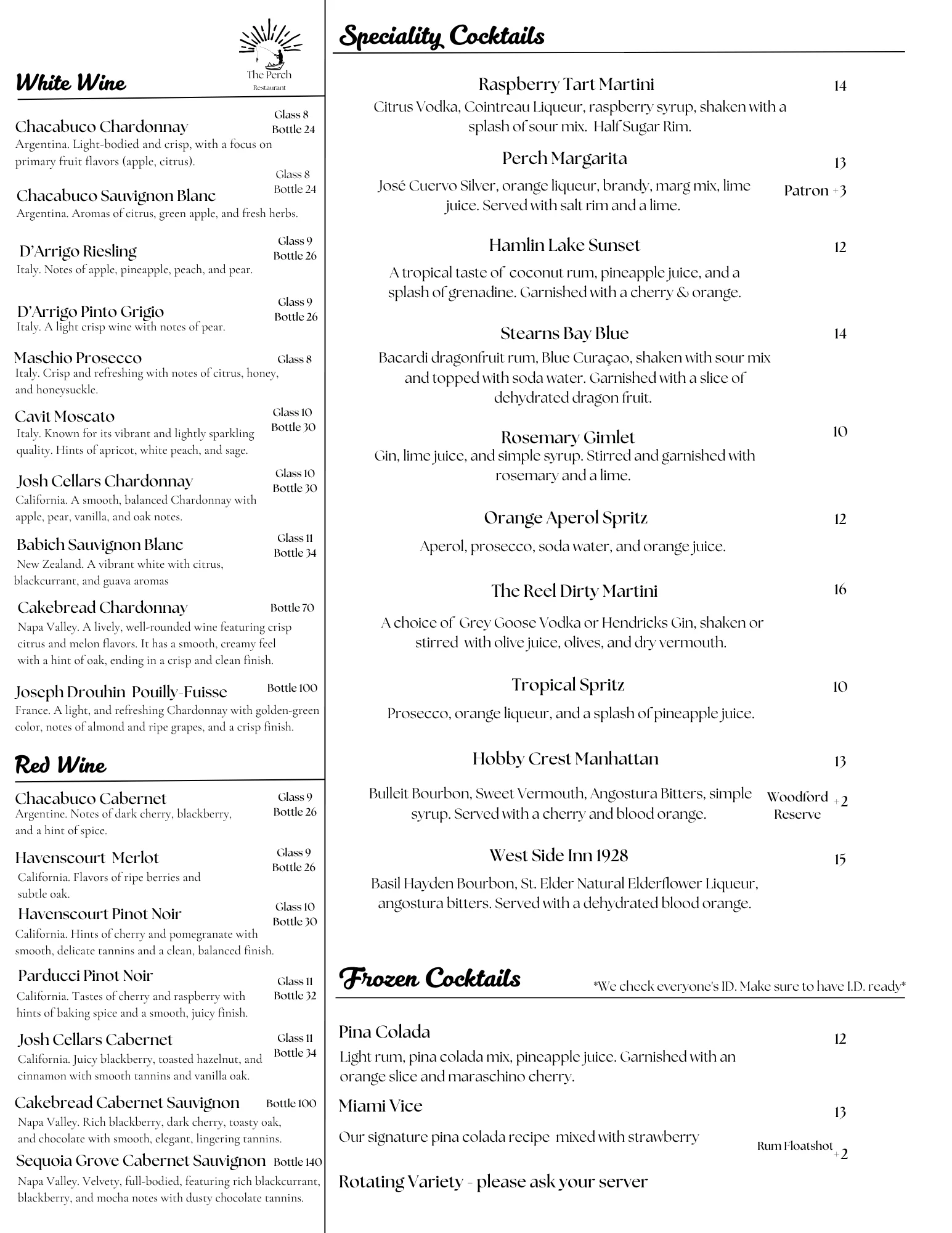 Wine and cocktail menu featuring various selections and prices