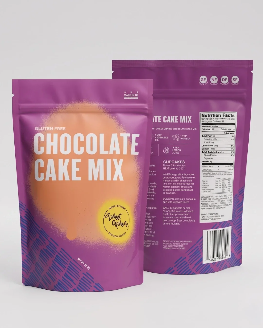 Gluten-free chocolate cake mix packaging with nutrition facts.