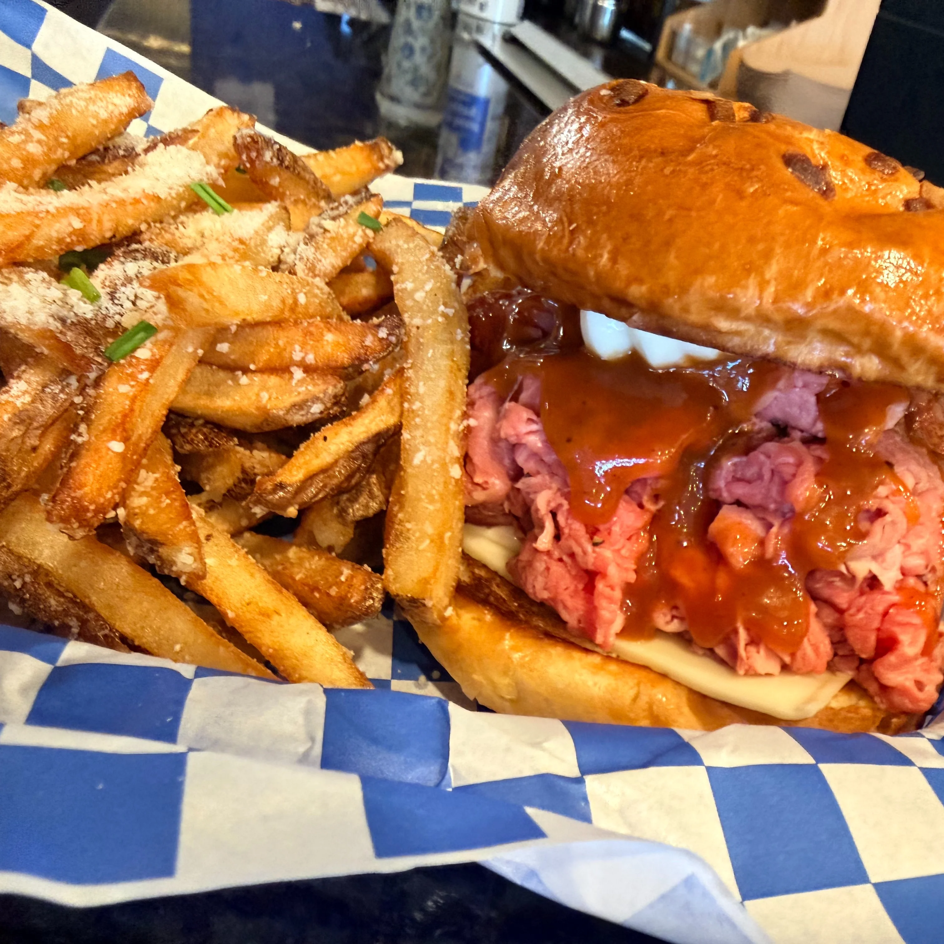 Tender roast beef sandwich with fries