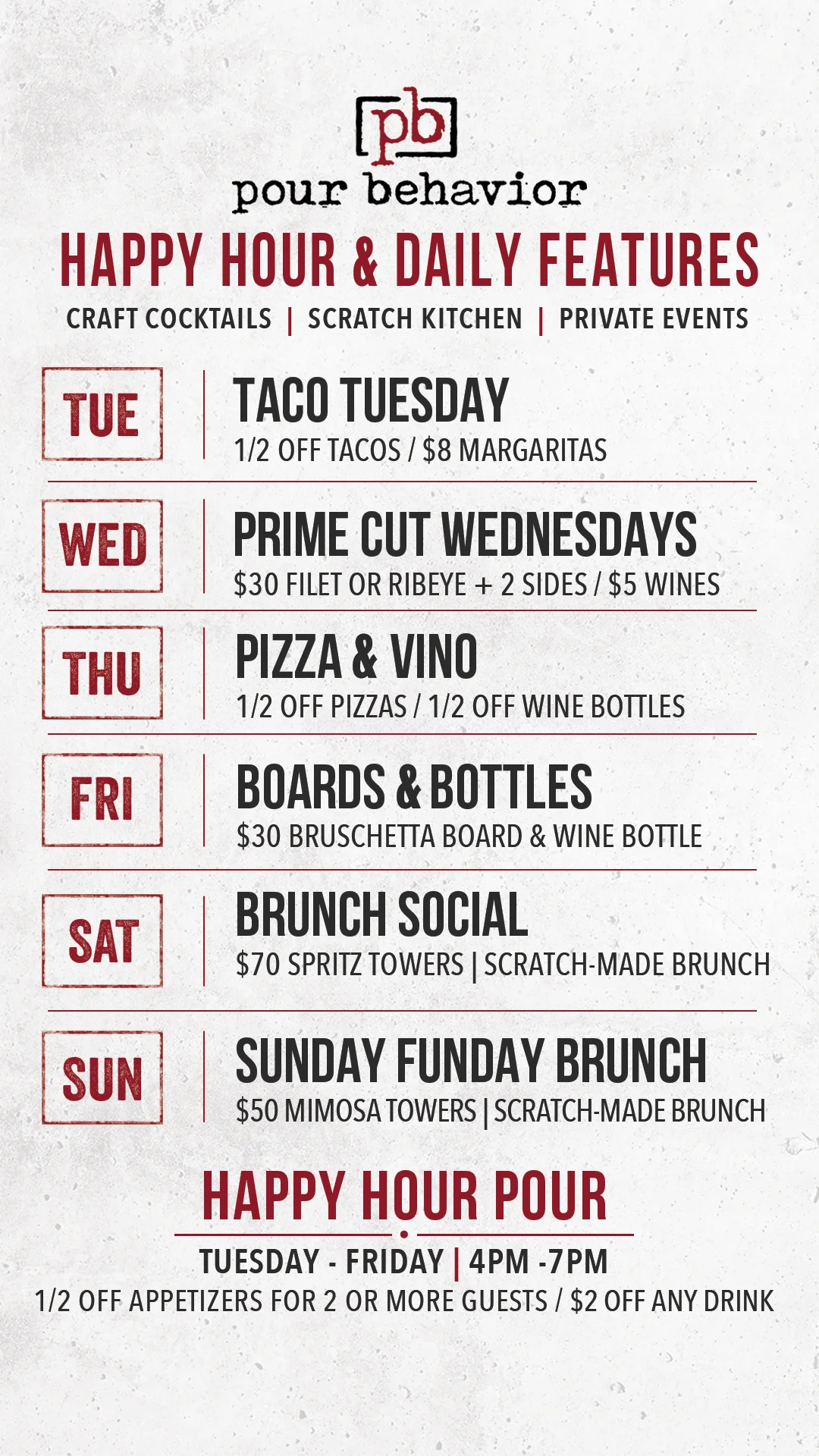 Weekly restaurant specials menu featuring tacos, steaks, and brunch offerings