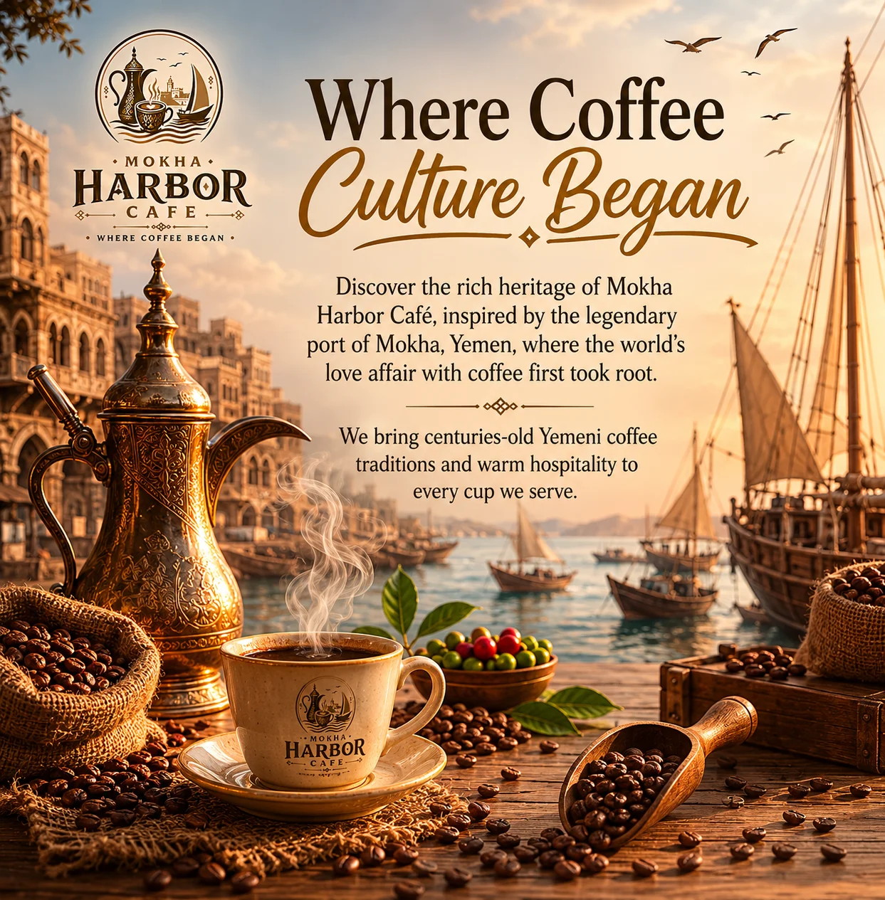 Mokha Harbor Café showcasing coffee culture with traditional elements.