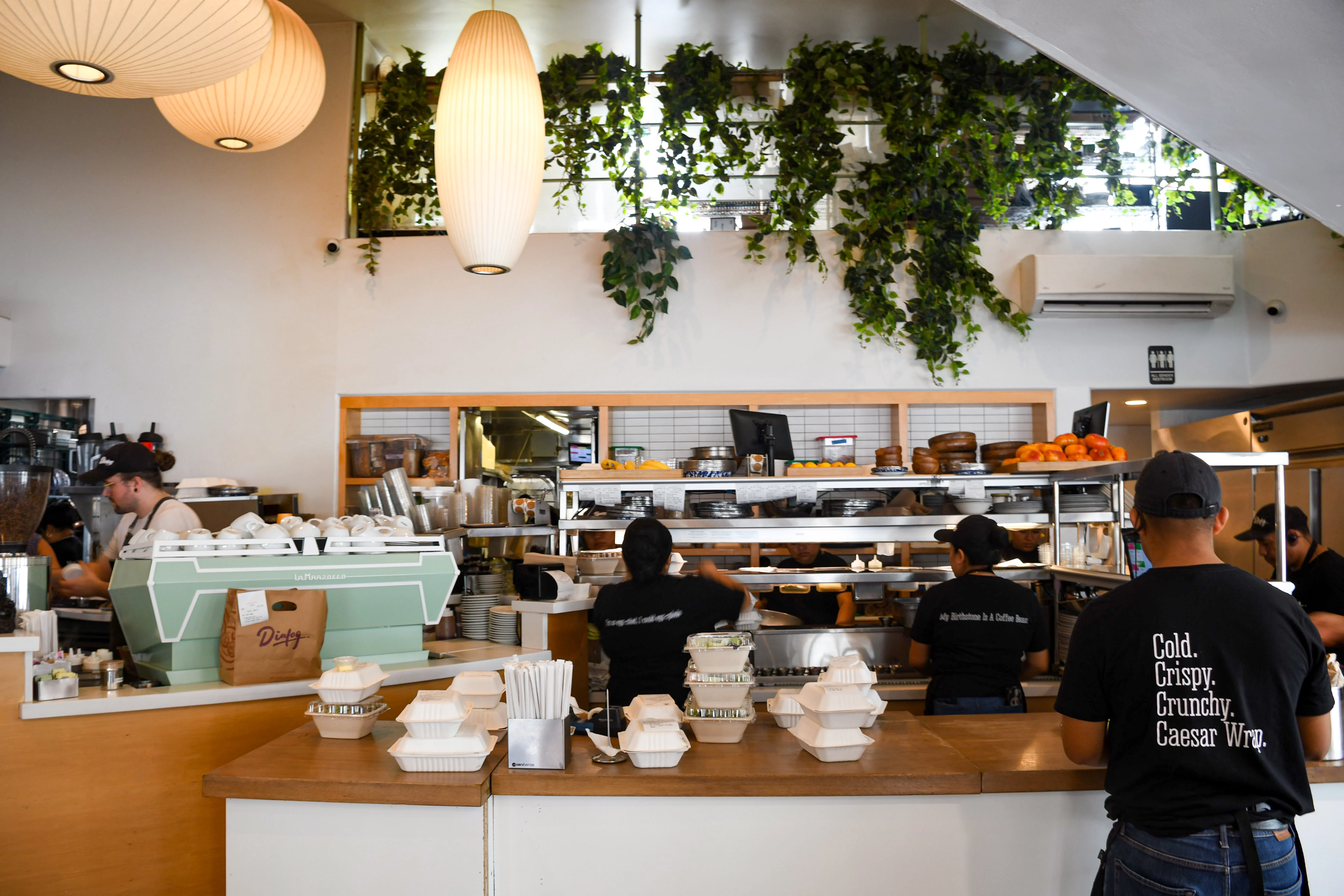 Modern café interior with greenery and staff preparing food