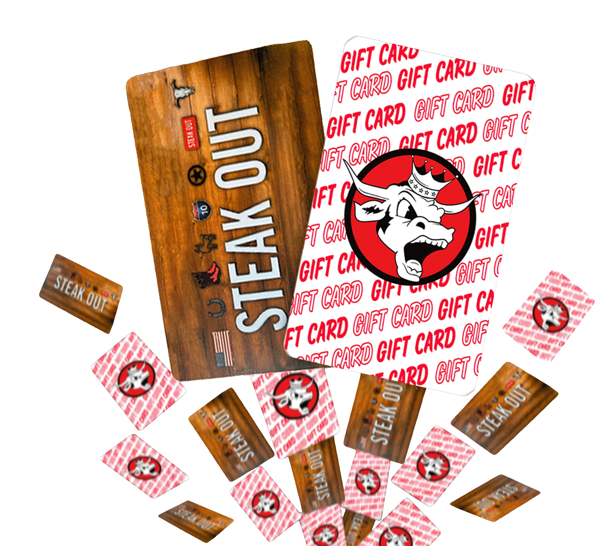 Colorful assortment of steakhouse gift cards scattered on a black background