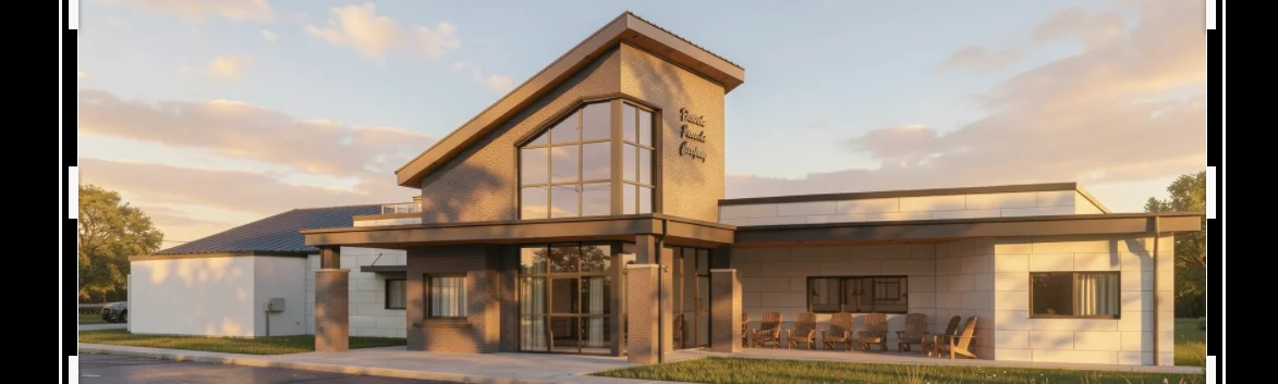 Modern restaurant exterior with large windows and outdoor seating area.
