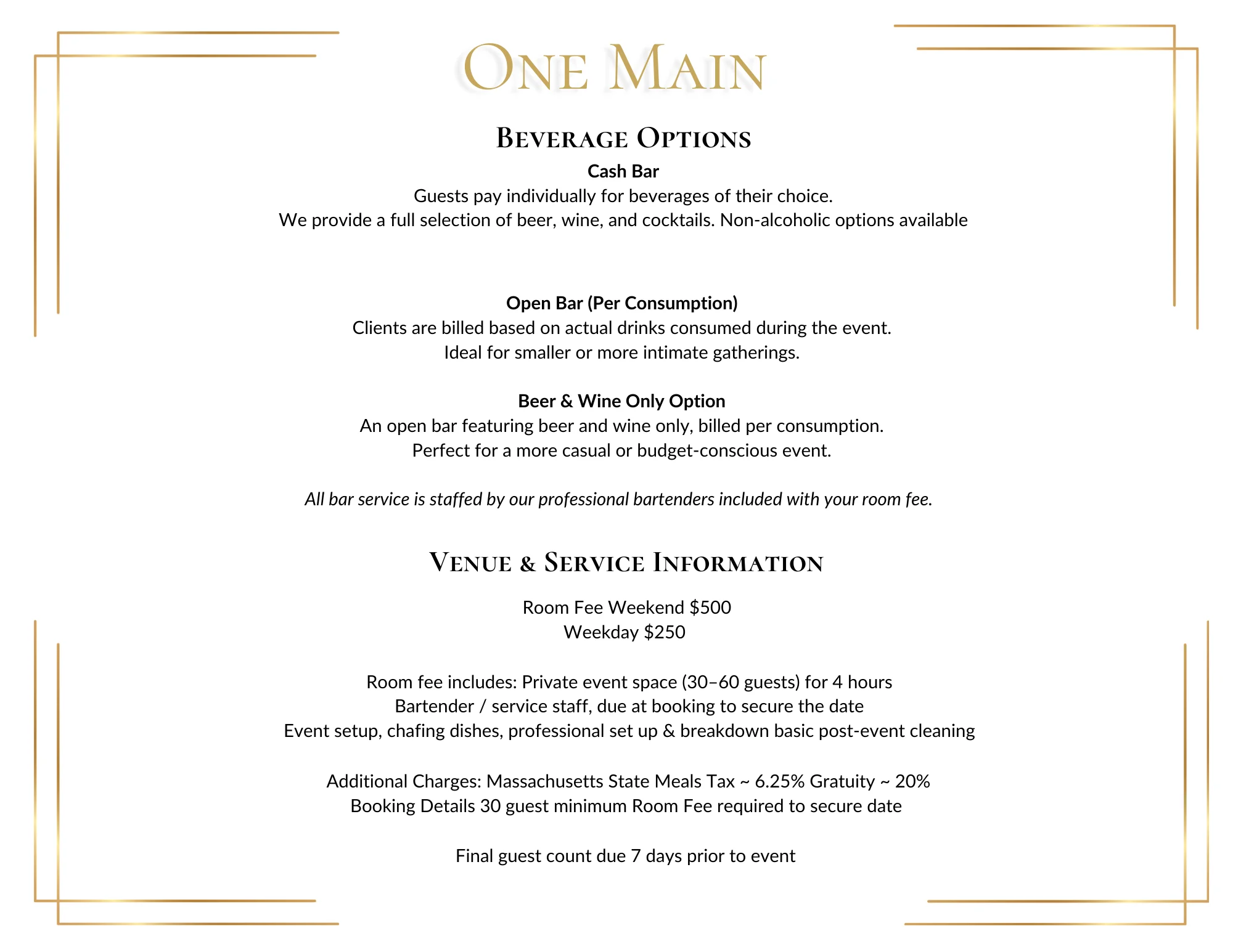 Private Events Menu
