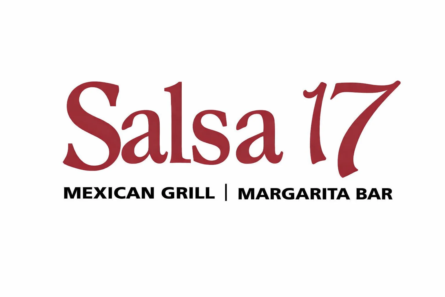 A logo for a restaurant named Salsa 17, featuring bold red lettering and a tagline indicating it's a Mexican Grill with a Margarita Bar.