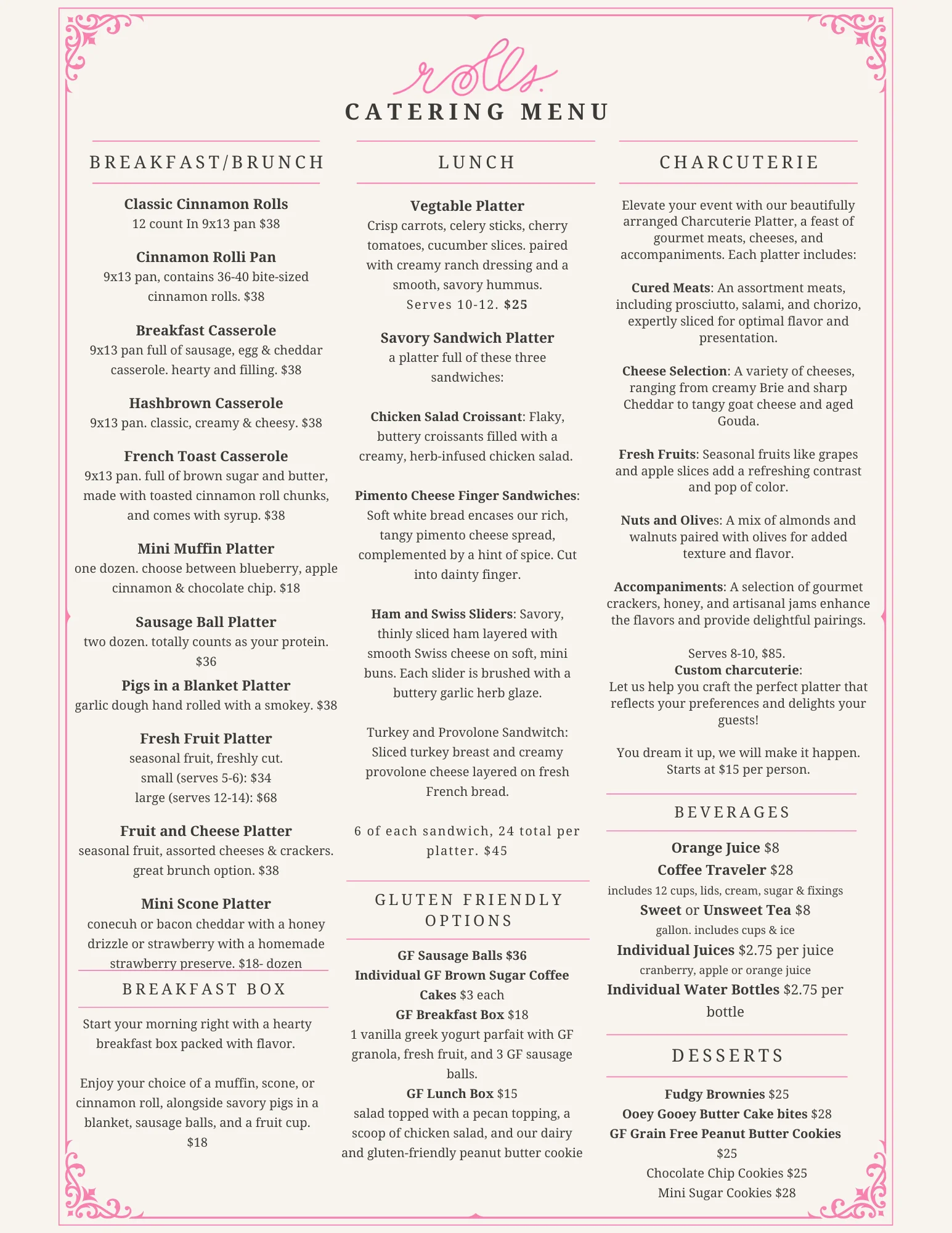 Catering menu featuring brunch and lunch options