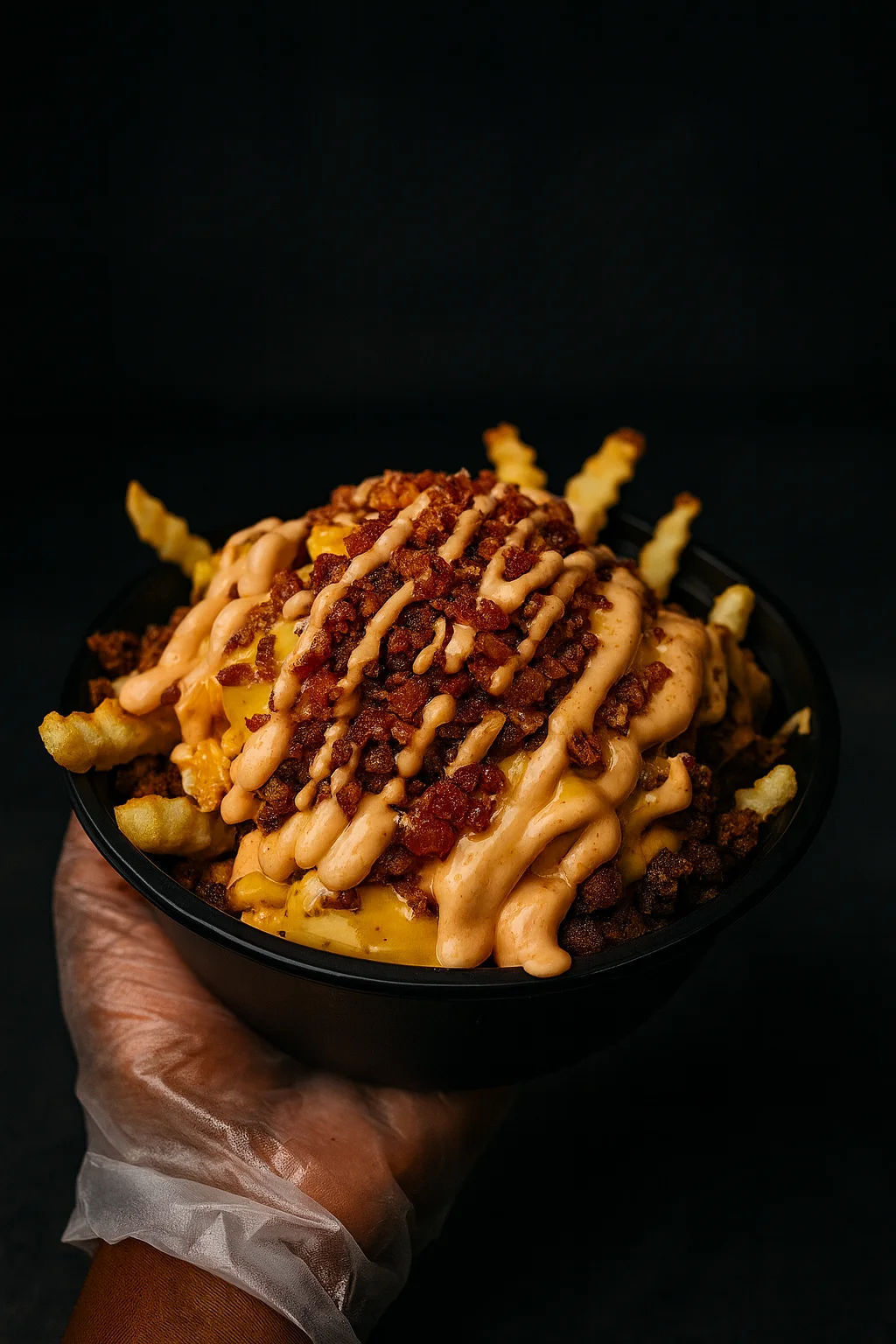 A serving of seasoned crispy fries topped with a creamy sauce and pickles, presented in a round aluminum container.