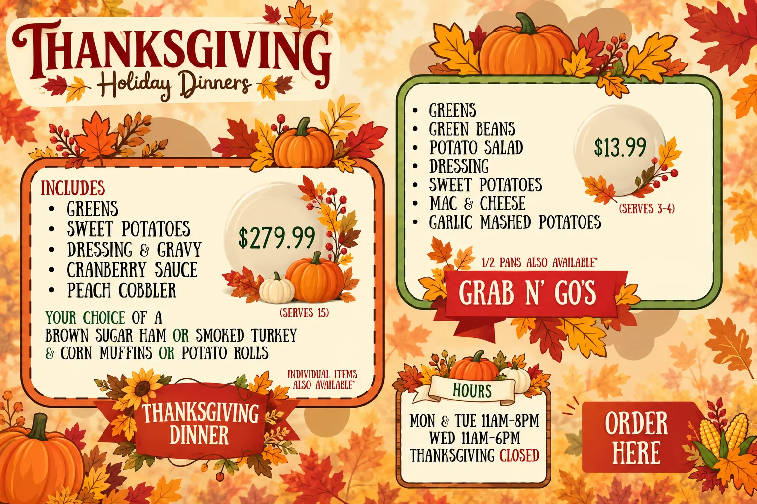 Thanksgiving dinner holiday catering menu with autumn leaves and seasonal offerings