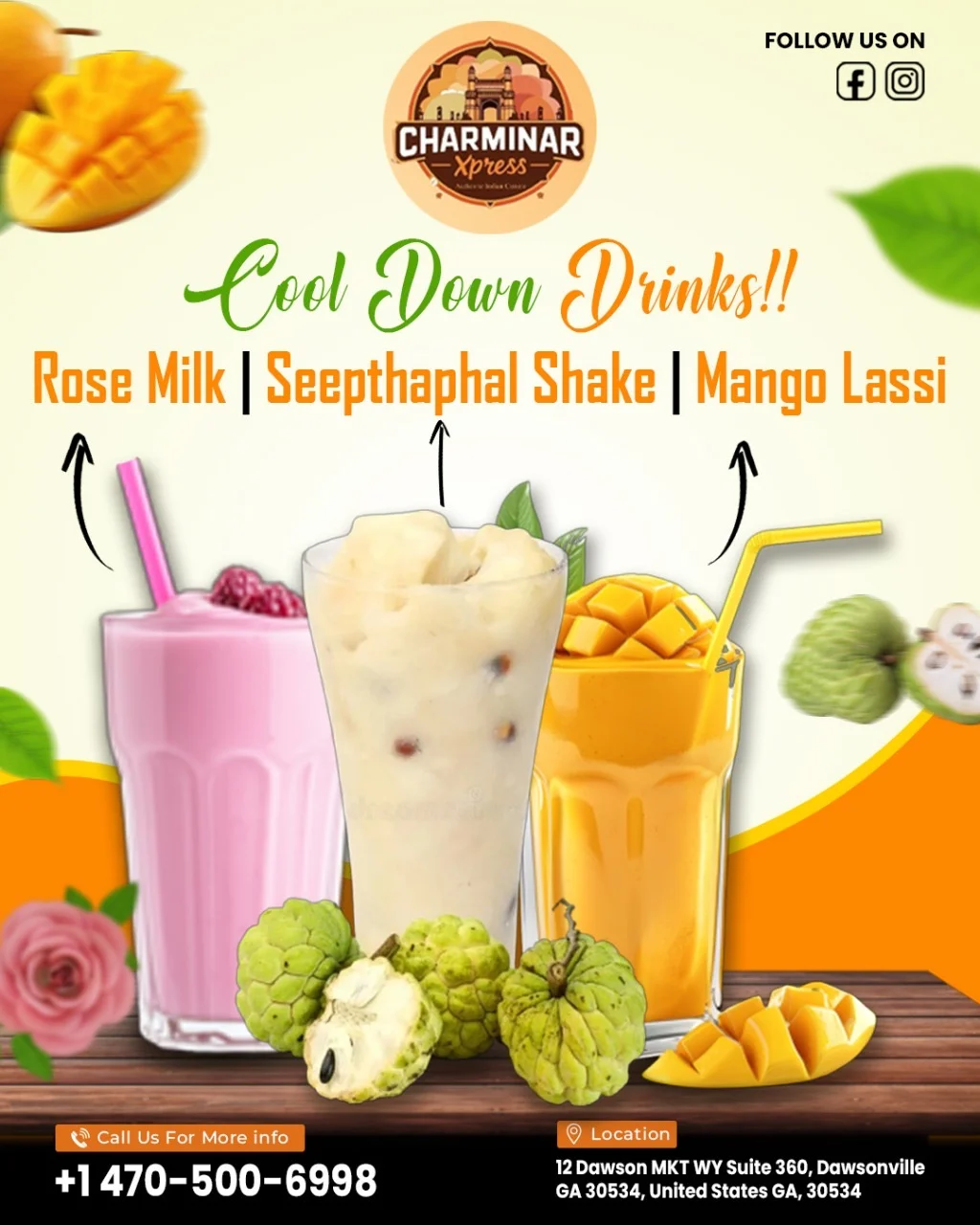 Refreshing Indian drinks: Rose Milk, Seepthaphal Shake, Mango Lassi
