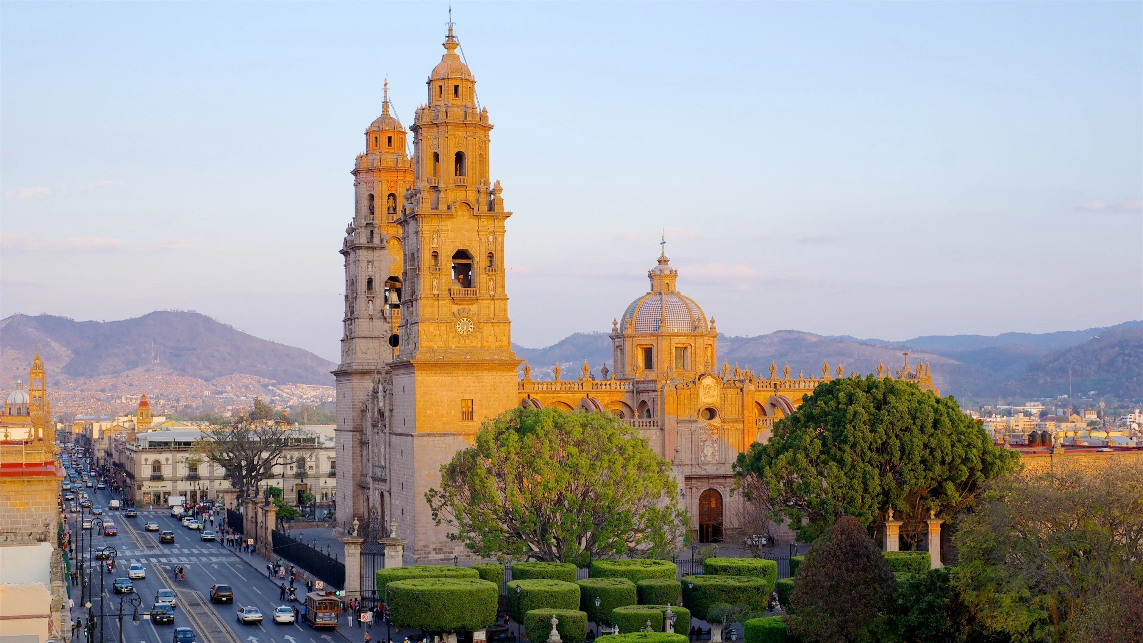 Historic cathedral in Morelia, Mexico at sunset
