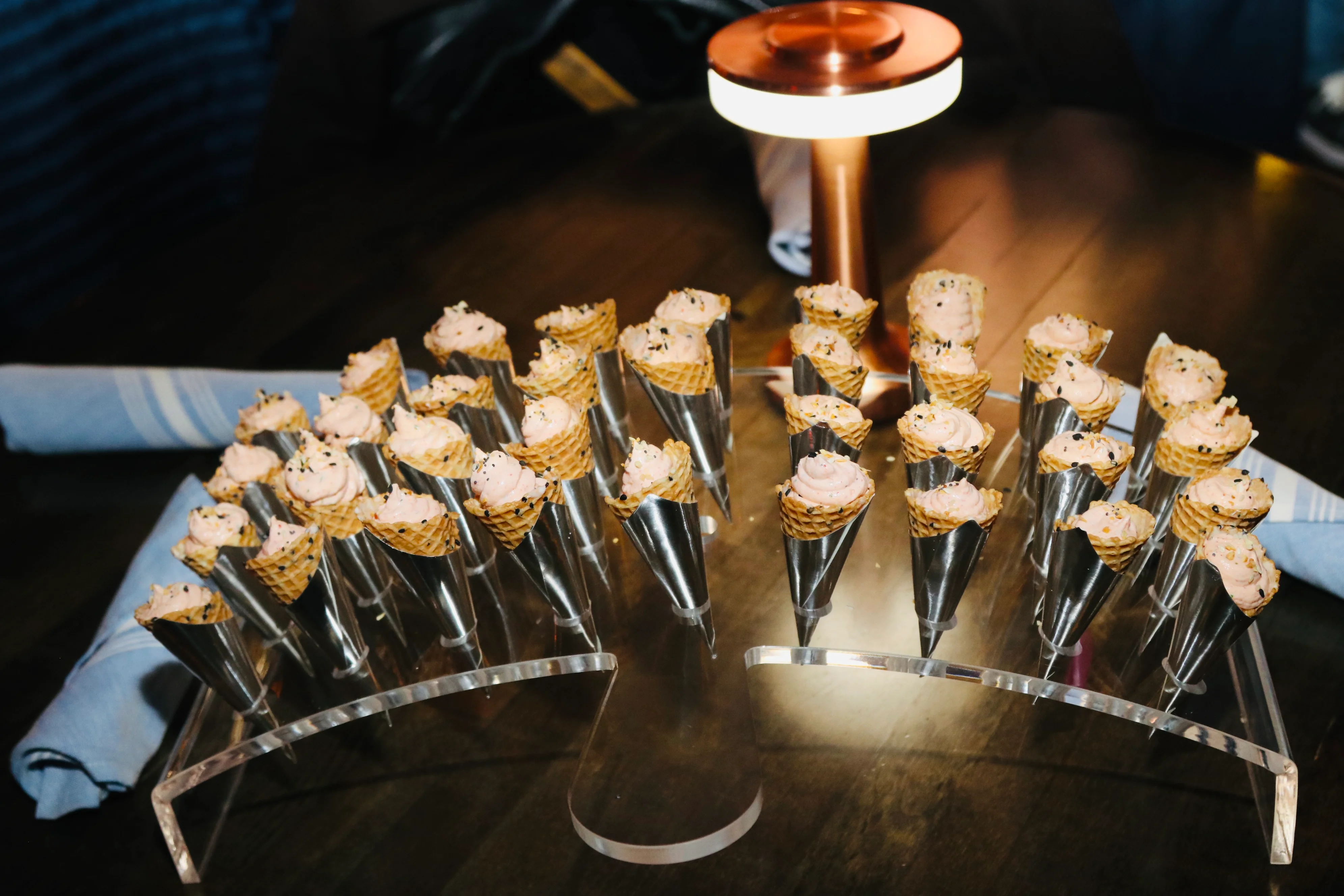 Dessert station with ice cream and waffle cones from a Mount Kisco catering event