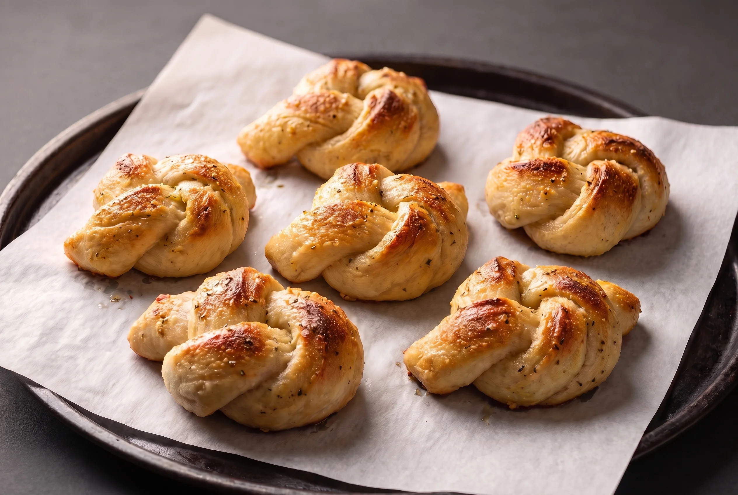 Six baked garlic knots seasoned with garlic from San Remo