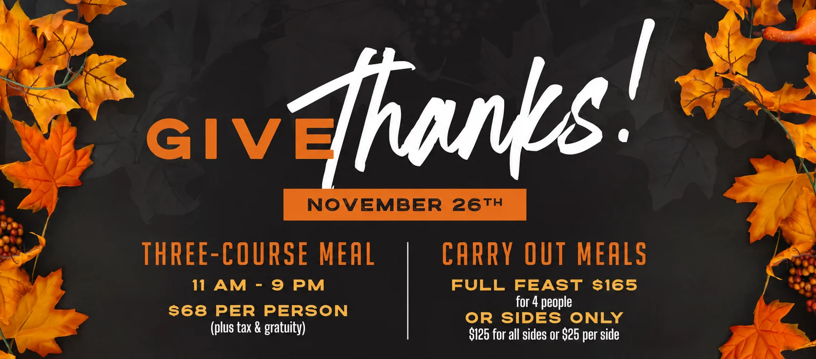 Thanksgiving restaurant event poster with autumn leaves and three-course meal details