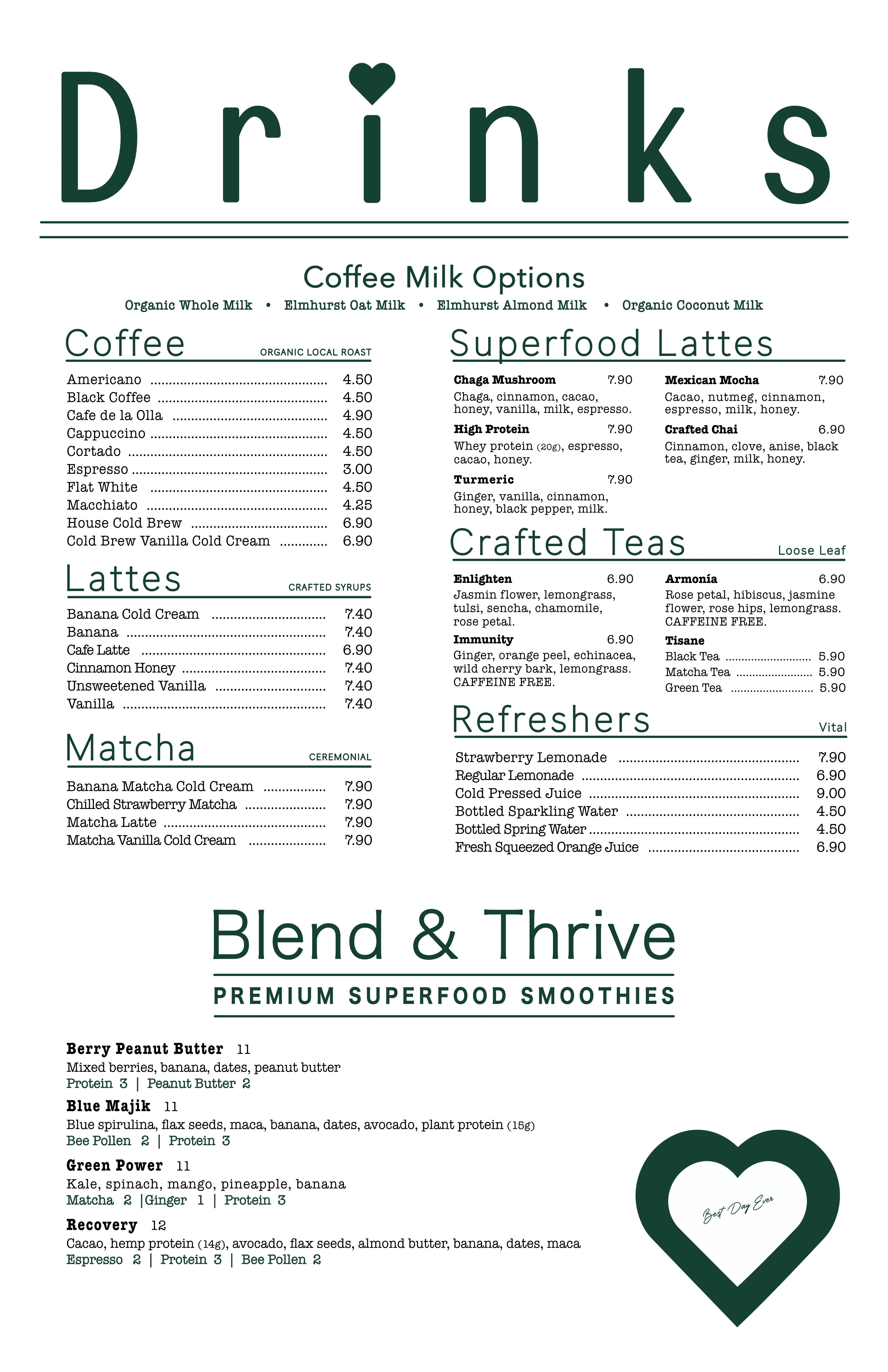 Menu showcasing a variety of delicious dishes and beverages.