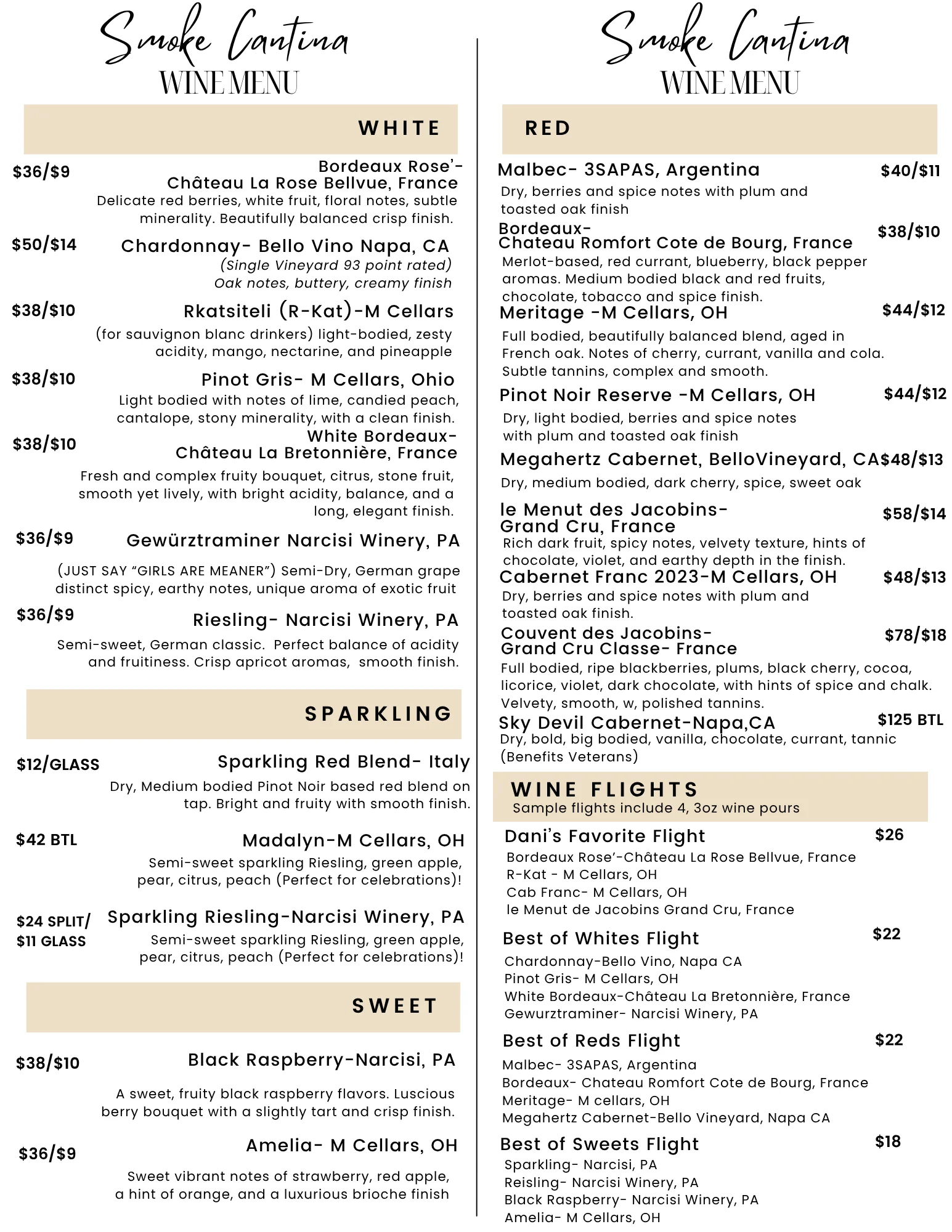 Wine menu featuring diverse selections of white and red wines