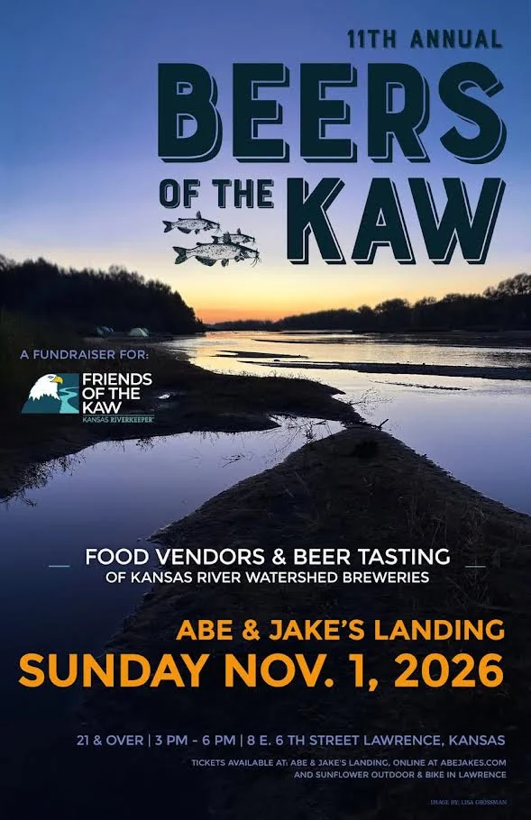 Event poster with bold typography over a river sunset landscape