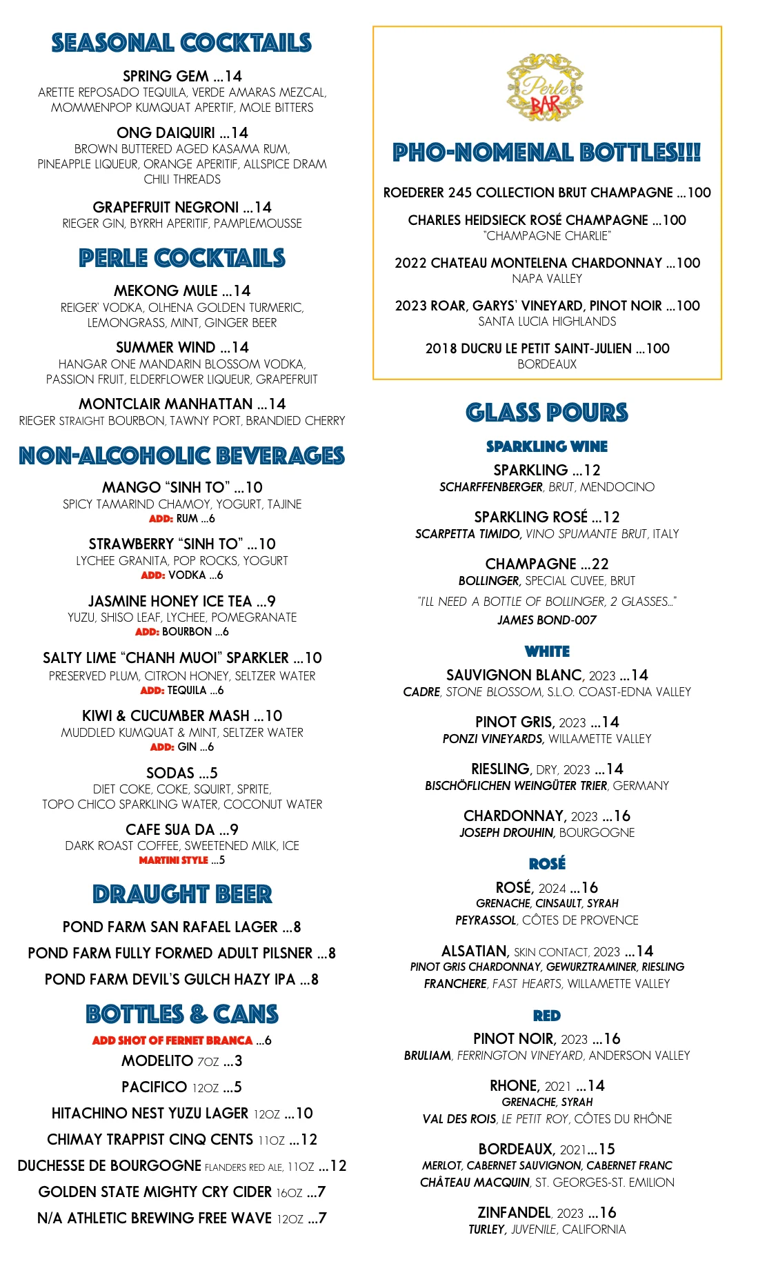 Menu featuring a variety of beverages at Perle Bar.