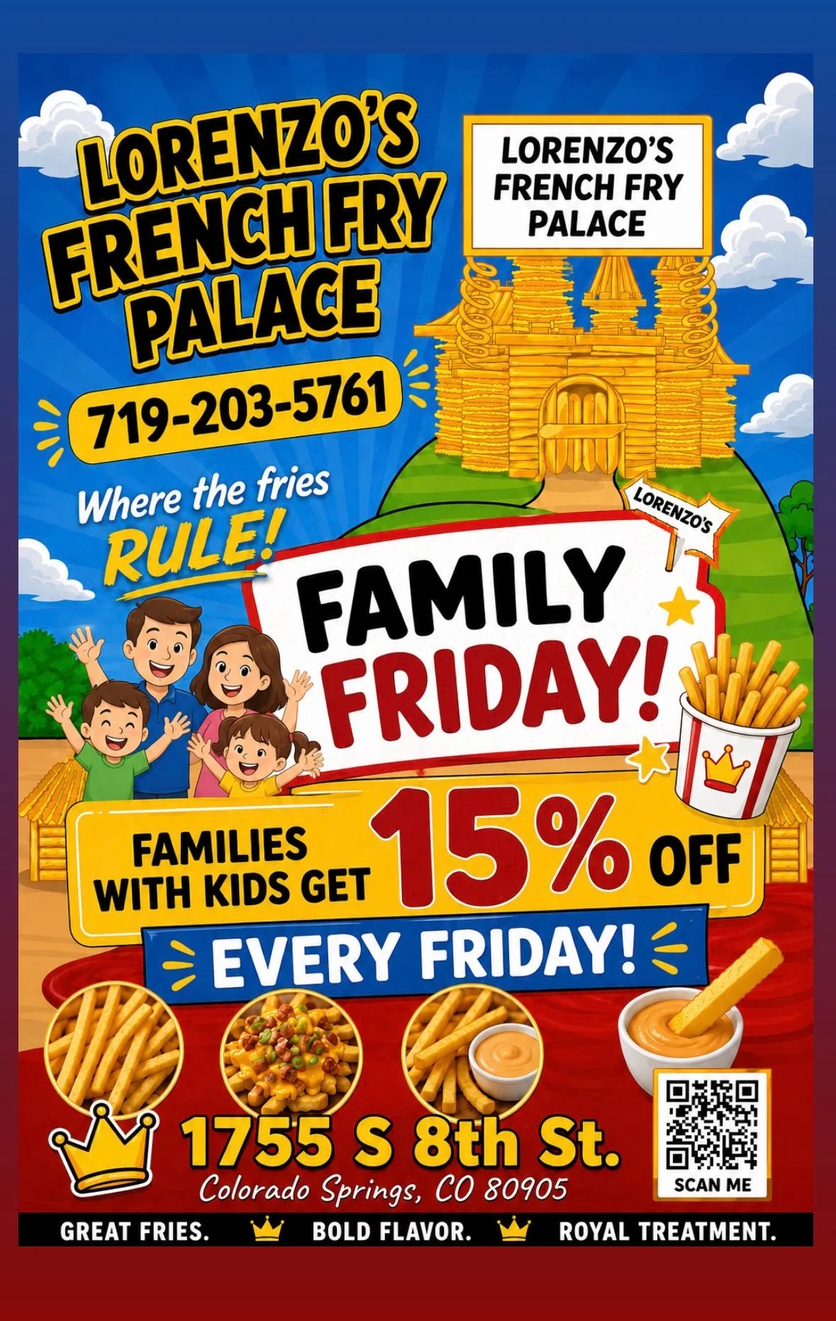 Colorful promotional poster for family-friendly French fry restaurant