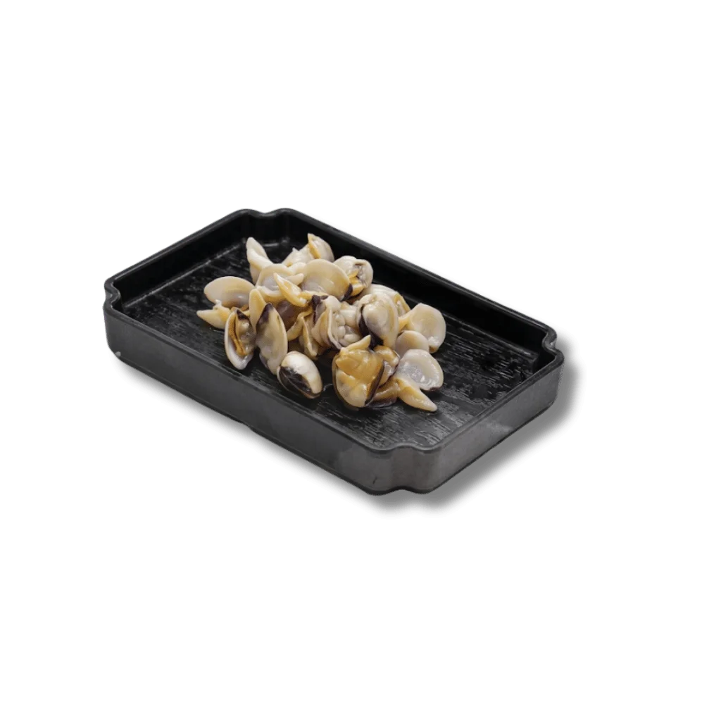 A black tray filled with fresh clams ready for cooking.
