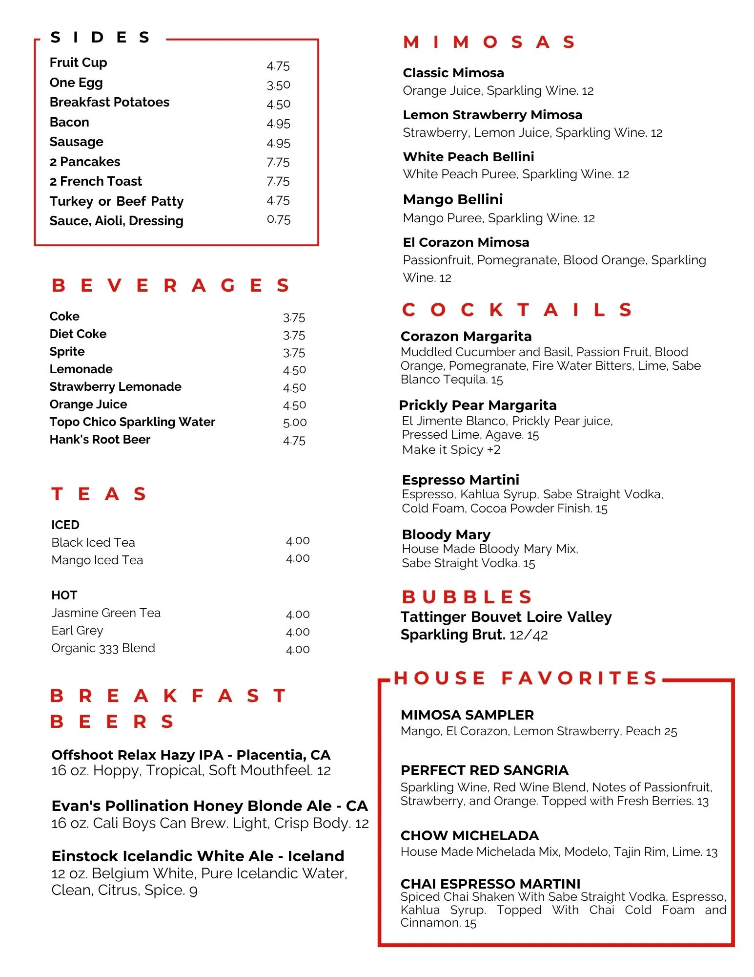 Brunch menu featuring mimosas and cocktails in a vibrant restaurant setting