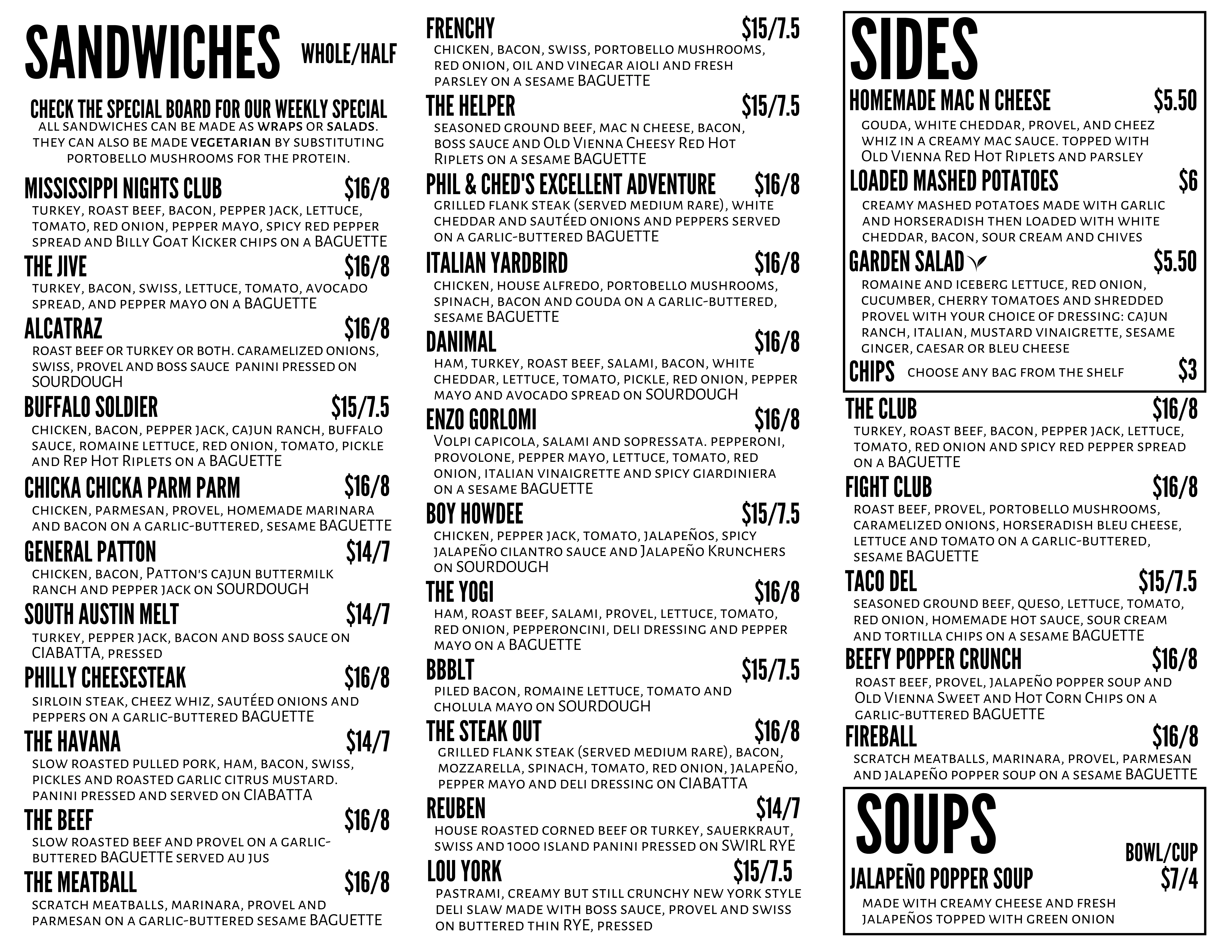 Variety of gourmet sandwiches on a restaurant menu