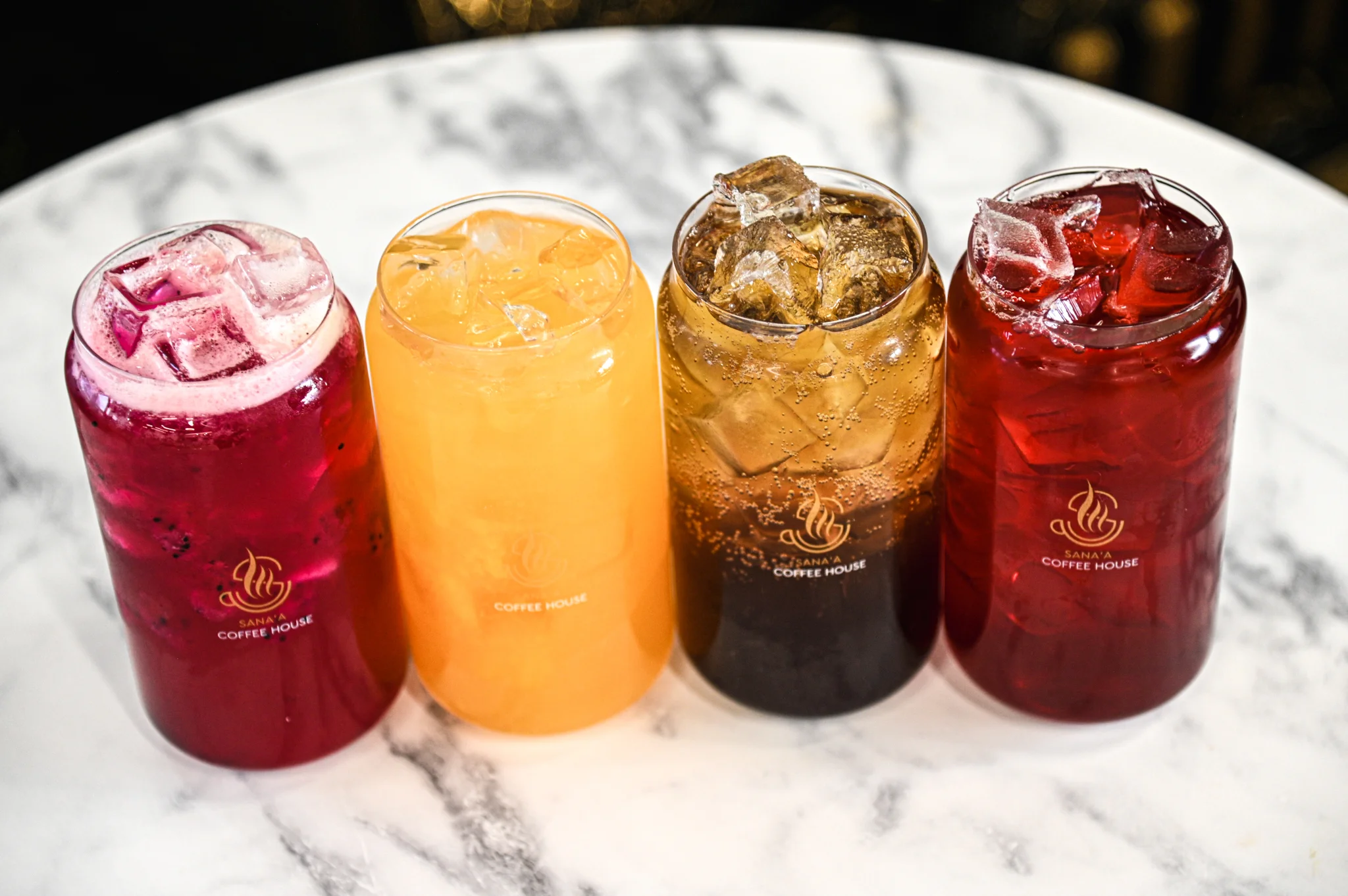 Colorful iced beverages at a coffee house
