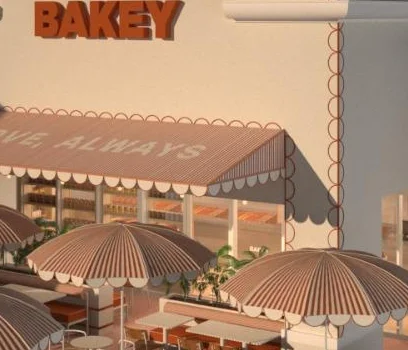 Exterior view of Bakey bakery with modern signage