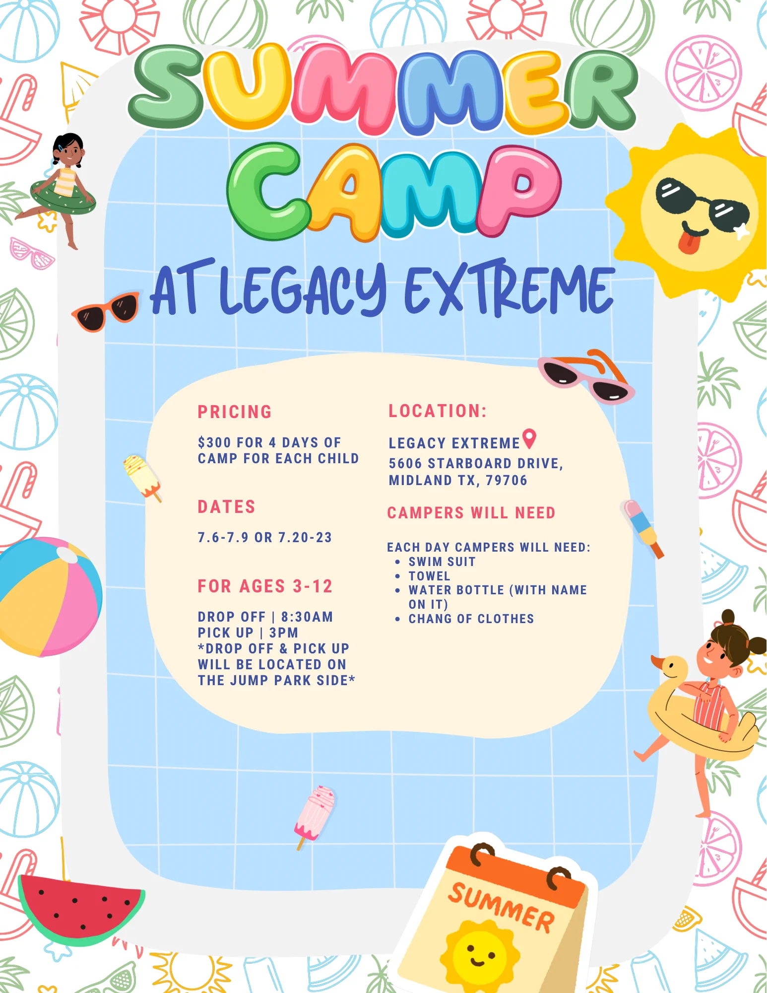 Colorful summer camp flyer for kids at Legacy Extreme