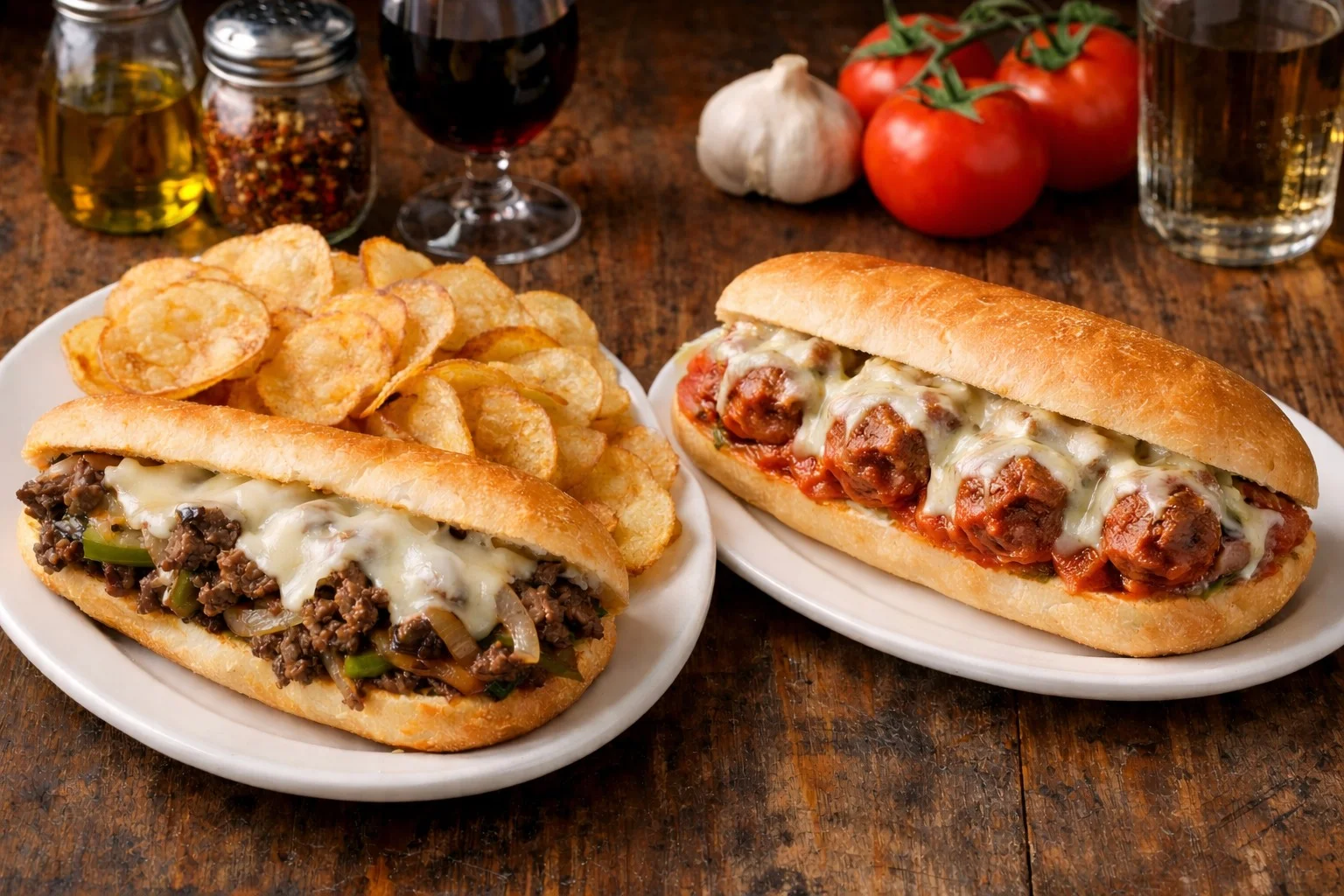 A plate with two types of sandwiches, one filled with beef and vegetables, and the other with meatballs and sauce, accompanied by crispy potato chips.