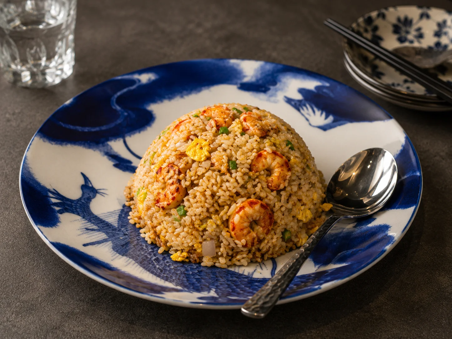 Shrimp fried rice served on a decorative plate