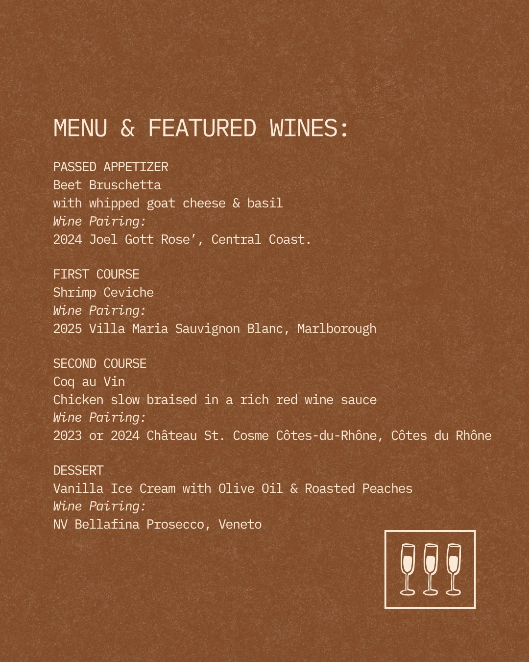 Elegant menu featuring global dishes and wine pairings