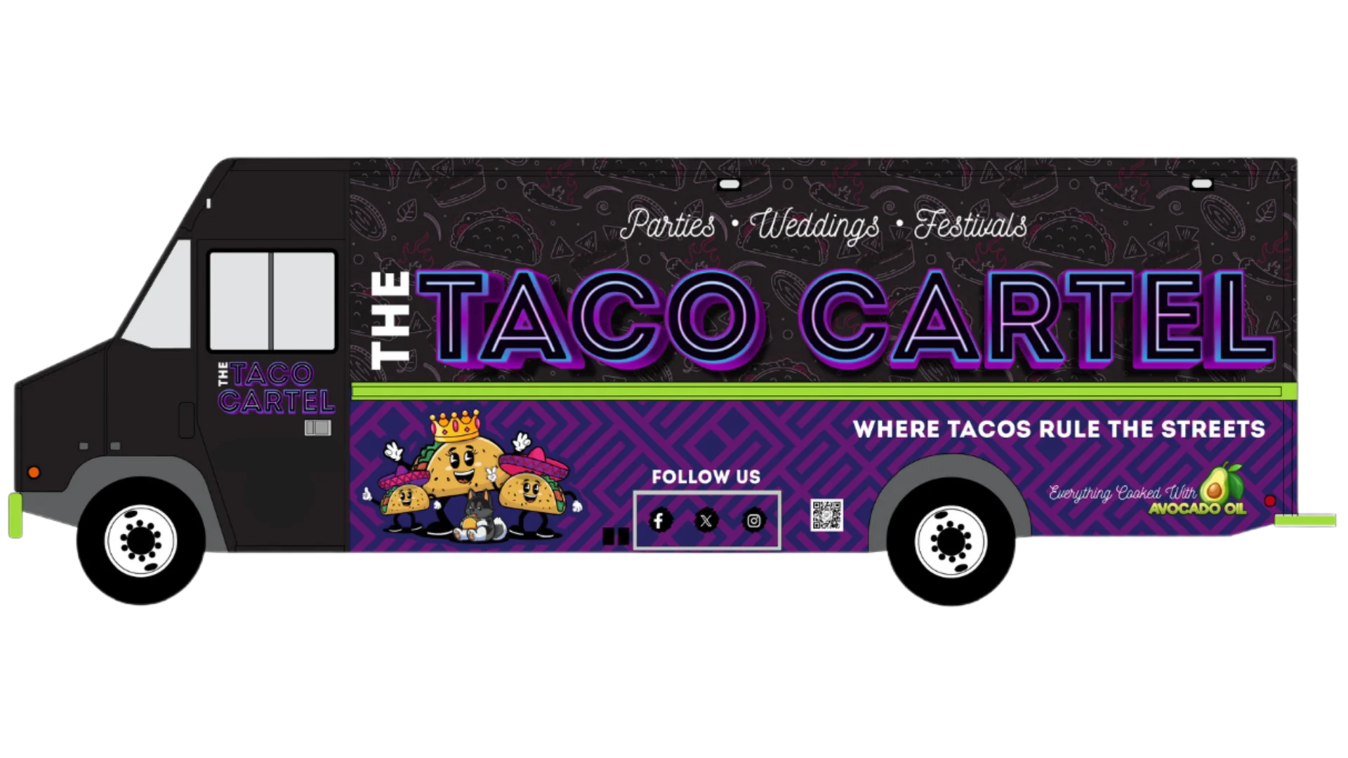 Colorful taco truck with vibrant branding and cartoon tacos
