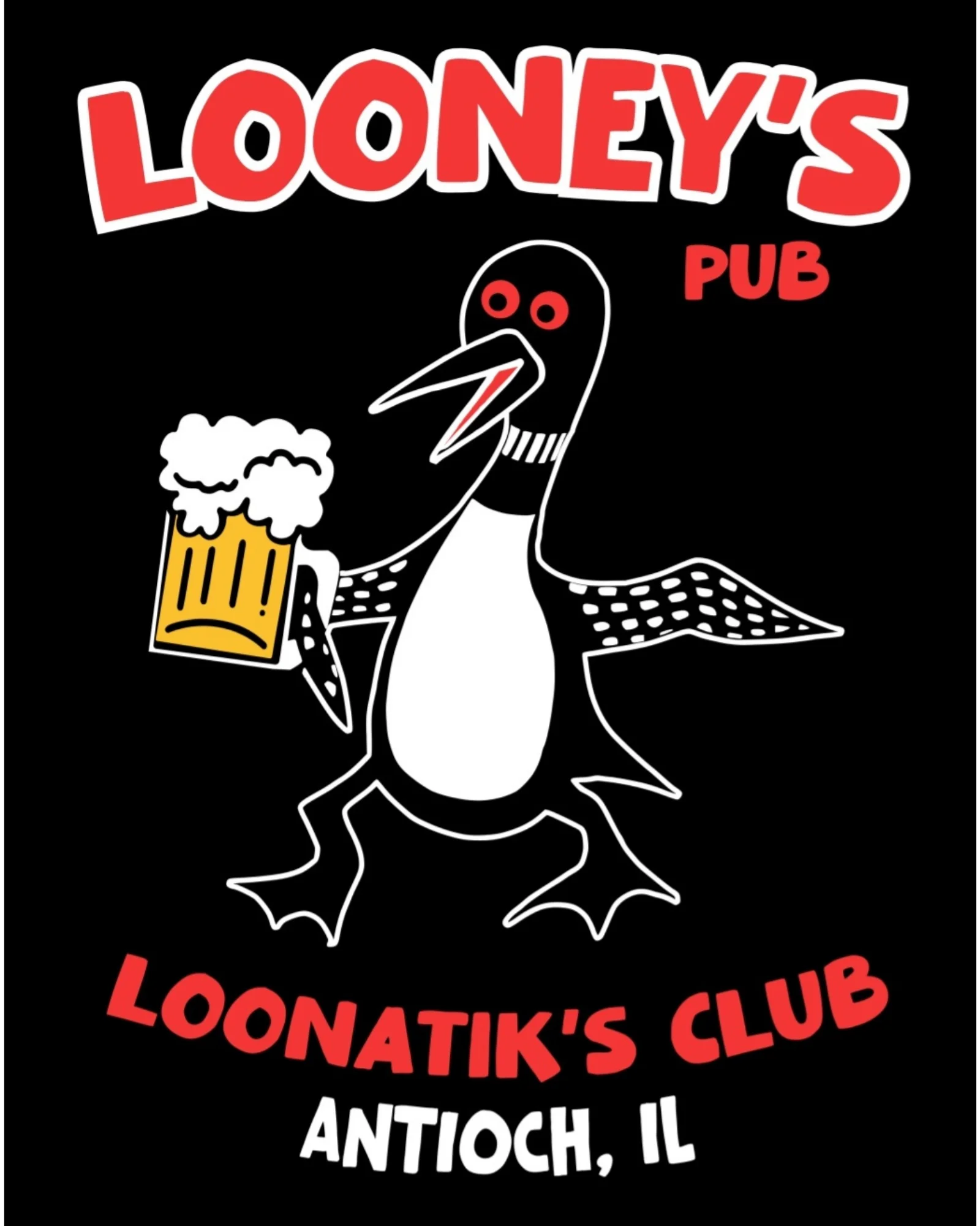 A quirky illustration of a penguin holding a beer mug, accompanied by the text 'LOONATIK'S PUB' in bold colors.