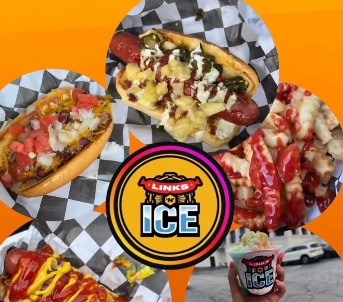 Colorful hot dogs and snow cones at a food stand