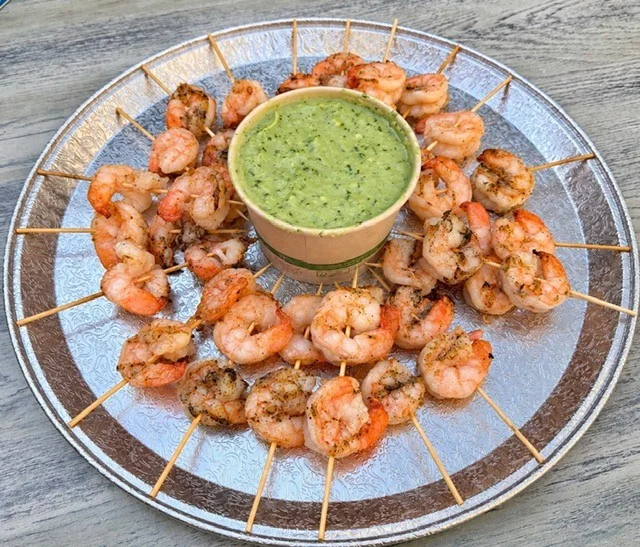 Spicy shrimp skewers with dipping sauce