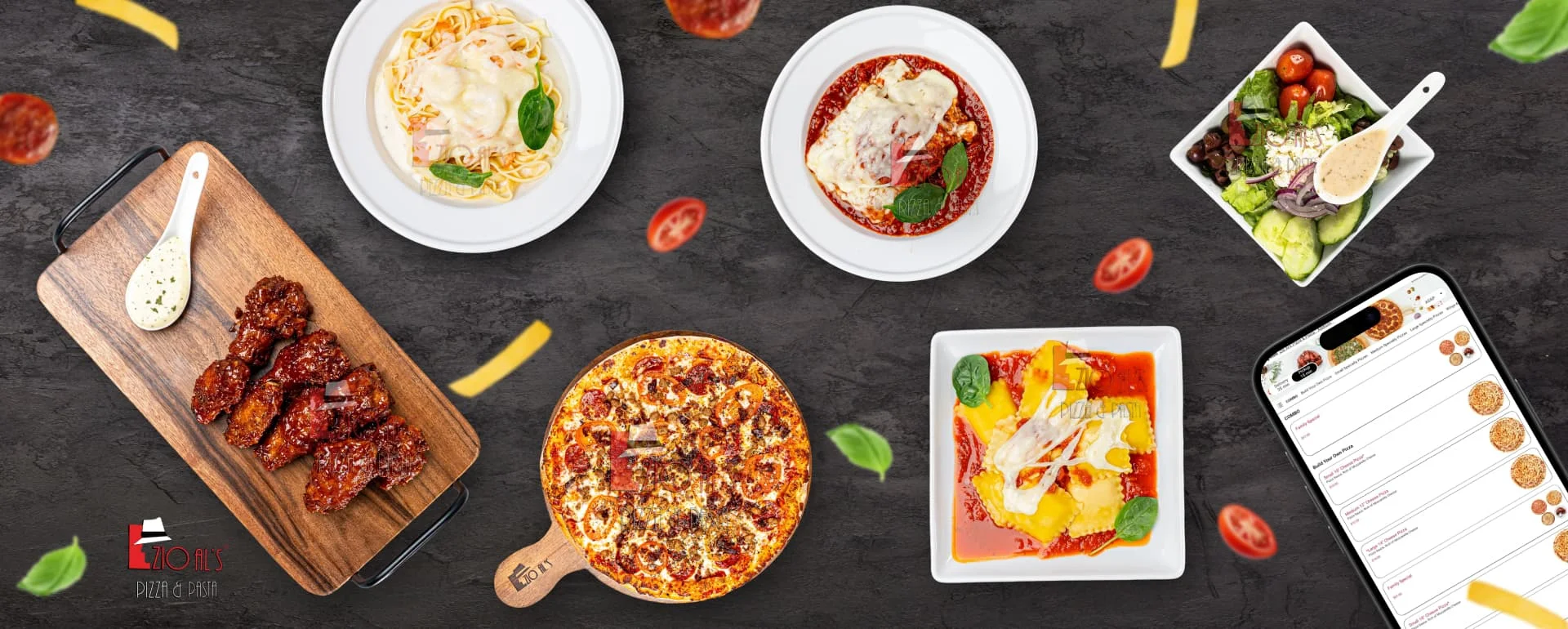 Italian pasta dishes with pizza and wings on a rustic table