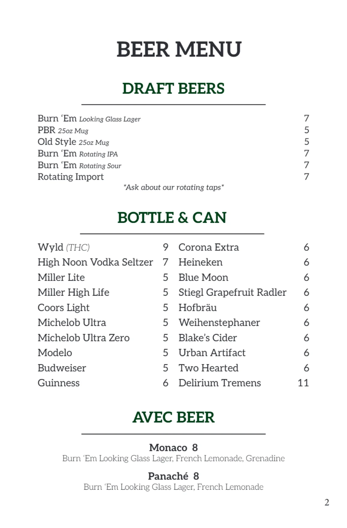 Bar menu page featuring various drink options and prices.