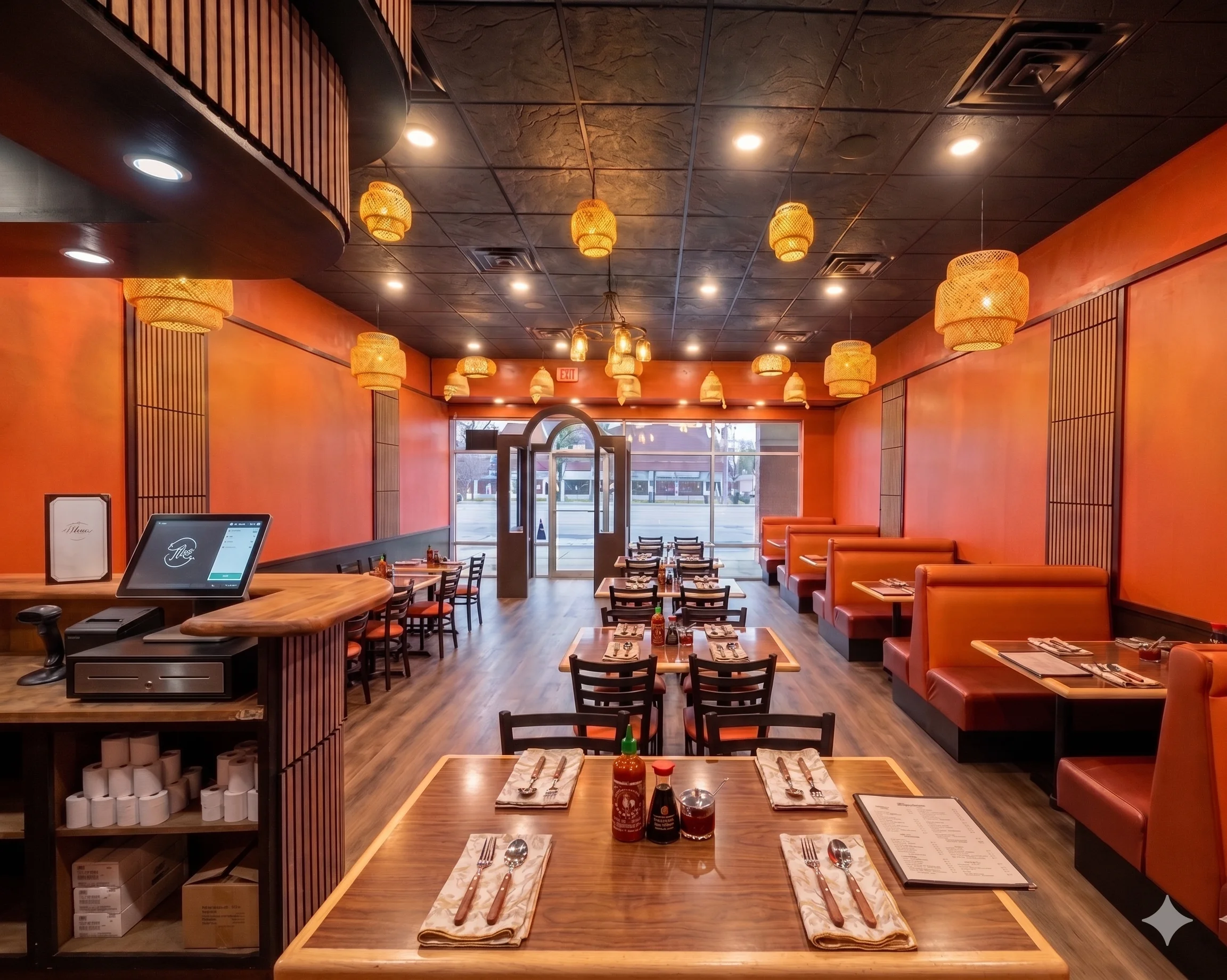 Interior of a cozy restaurant with orange walls and stylish lighting.