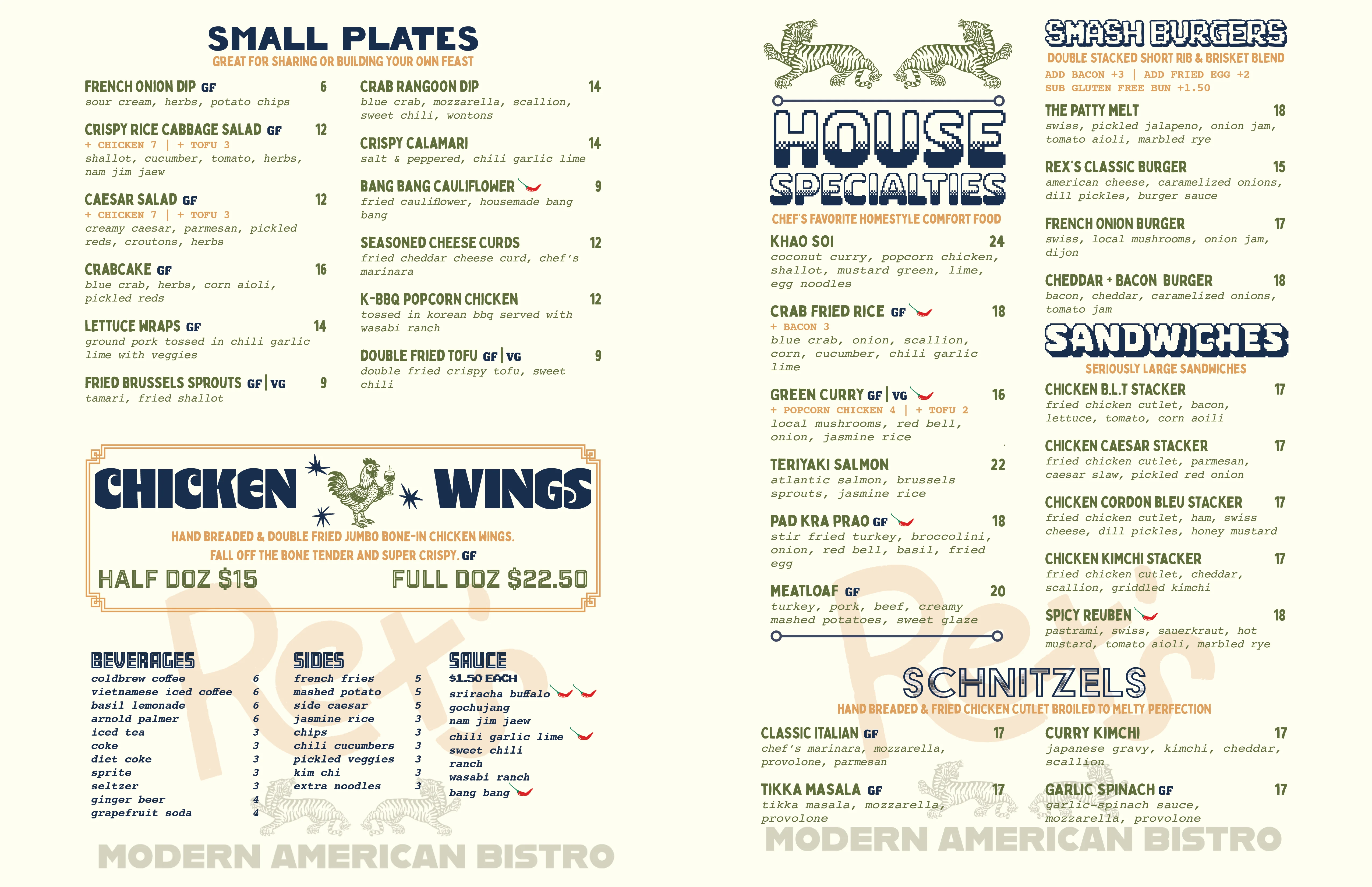 Modern American bistro menu featuring diverse dishes and specialties