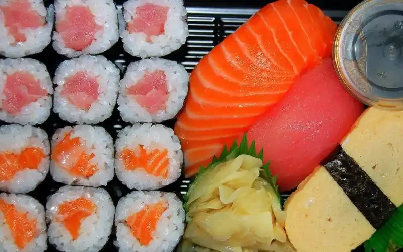 Assorted Japanese sushi platter with nigiri and maki rolls