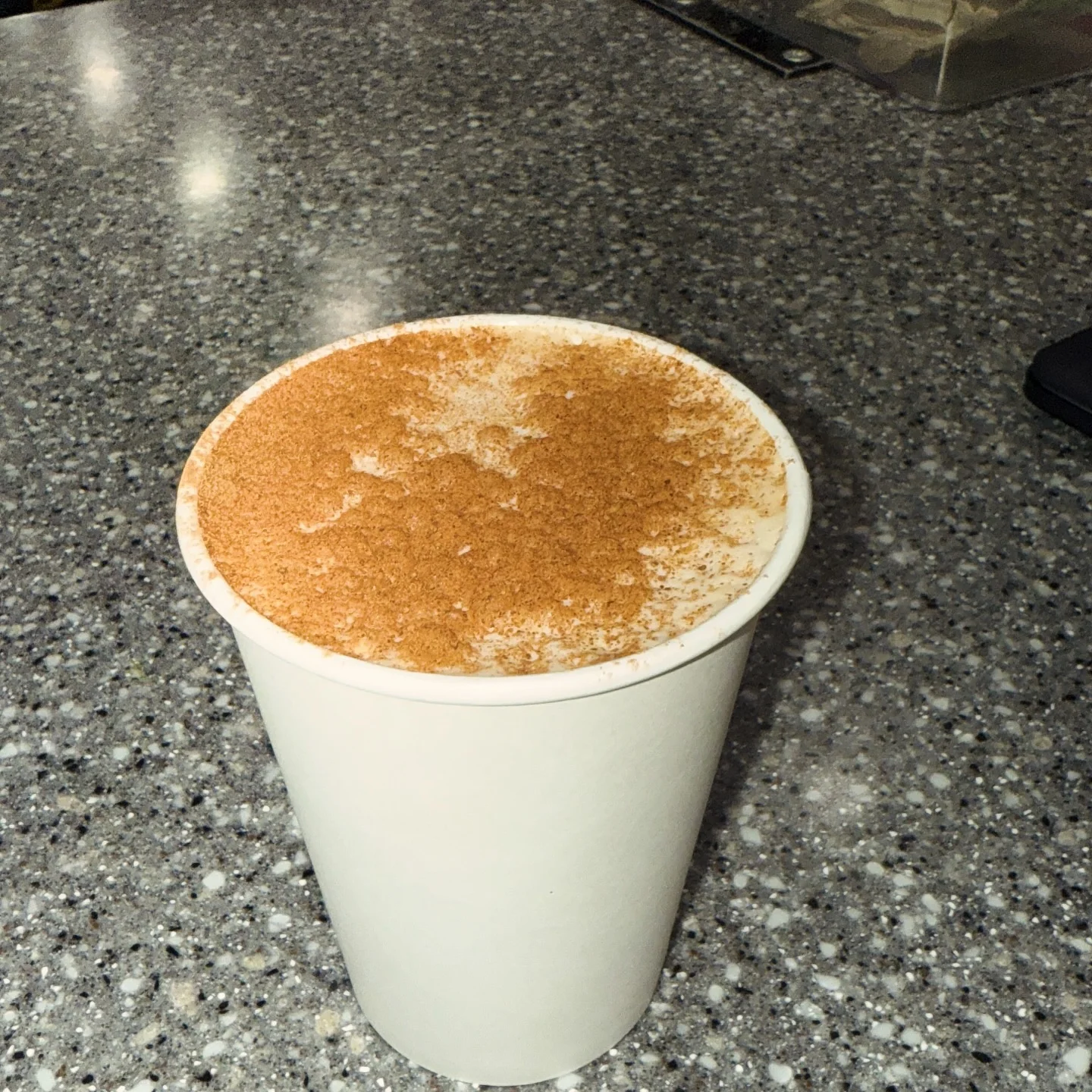 A takeout cup filled with a creamy beverage topped with a dusting of cinnamon.